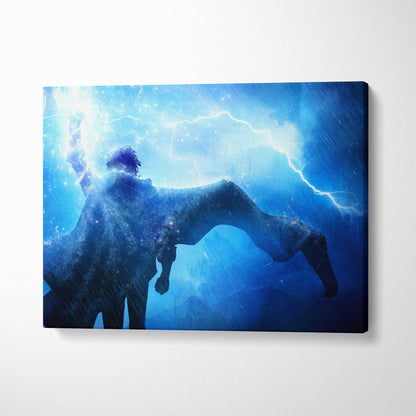 Blue canvas print of an anime mage with cape surrounded by lightning and rain in dark fantasy style wall art