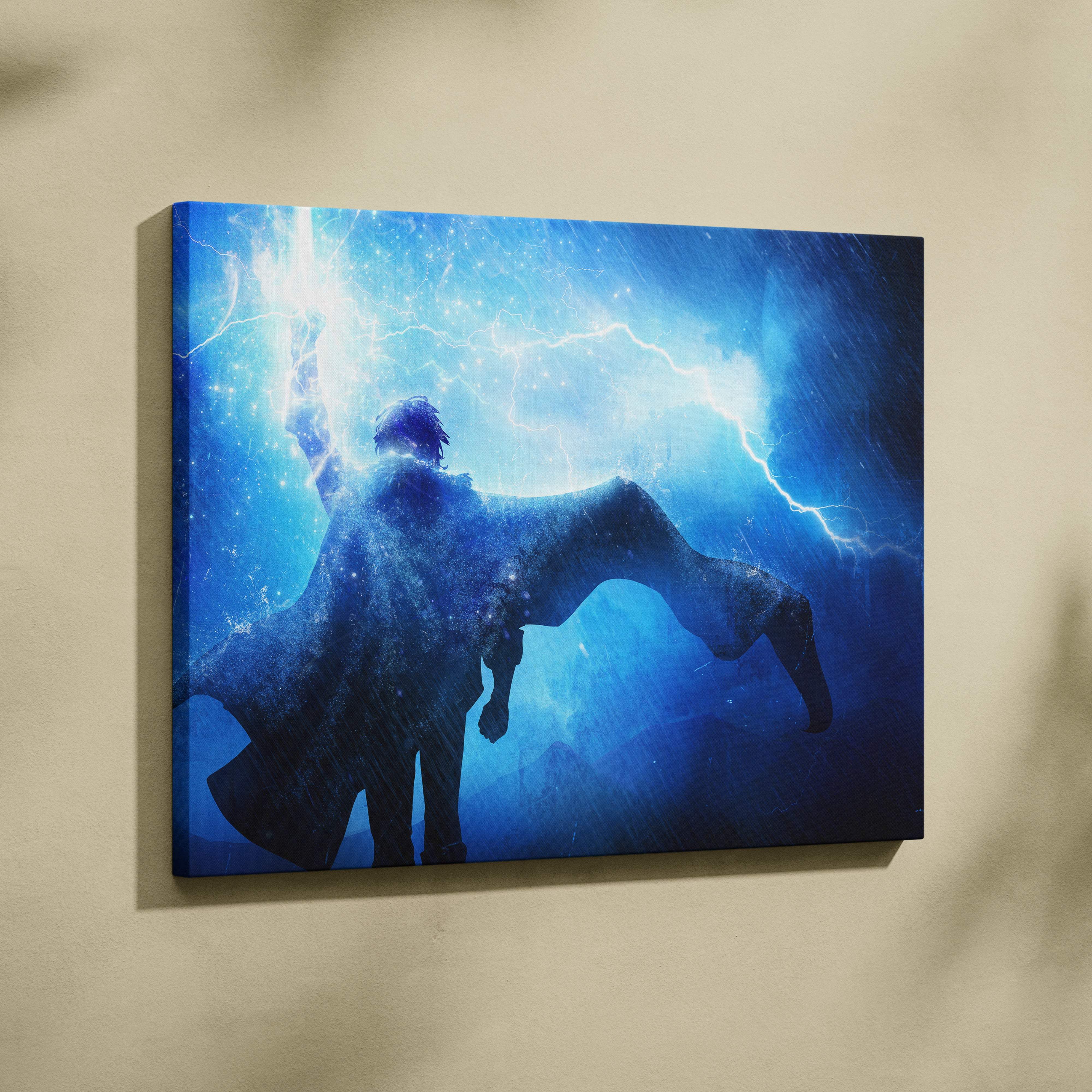 Electric storm mage canvas wall art featuring a blue lightning sorcerer silhouette in dark fantasy style with rain effects