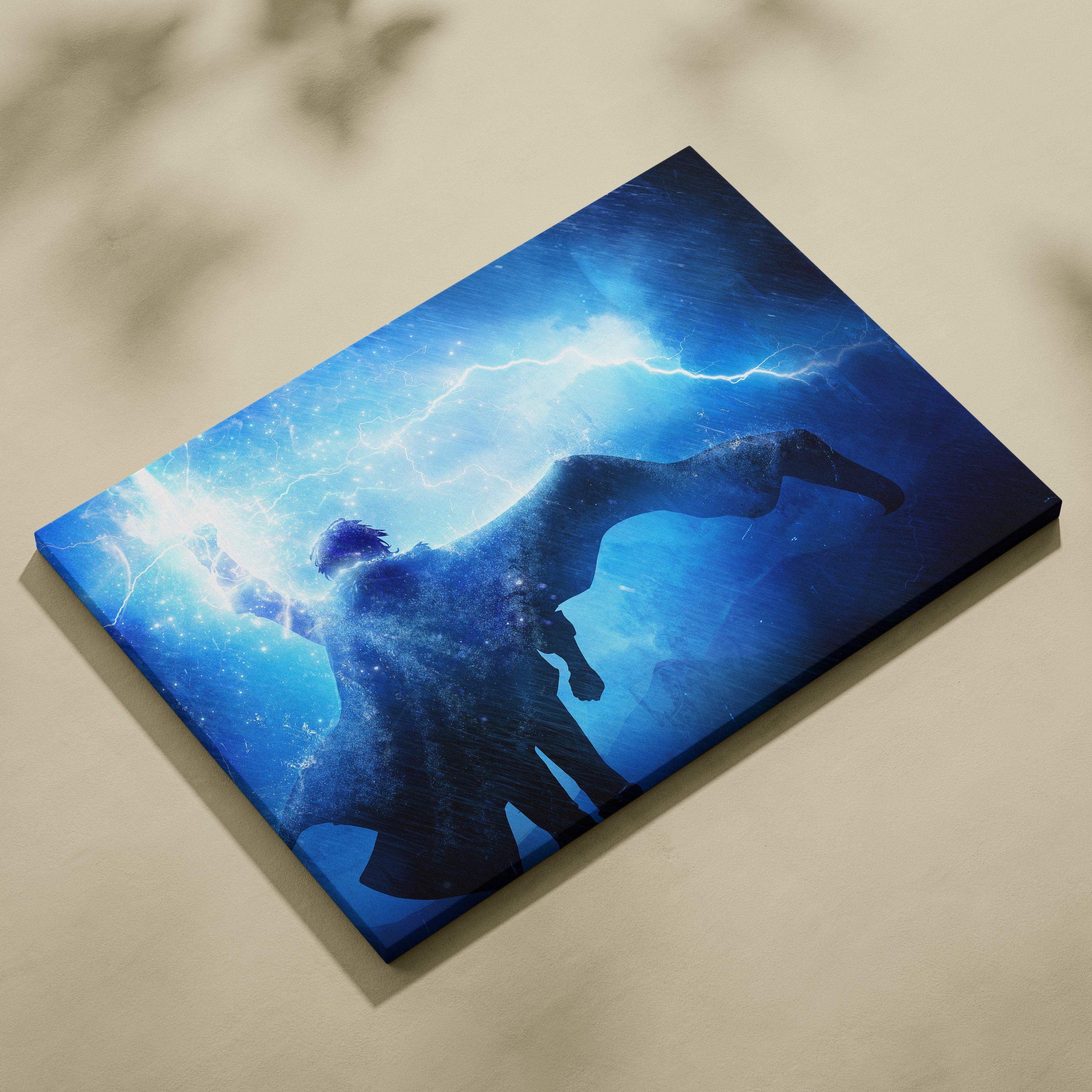 Blue canvas print featuring electric storm mage silhouette with blue lightning and cosmic particles in dark fantasy style