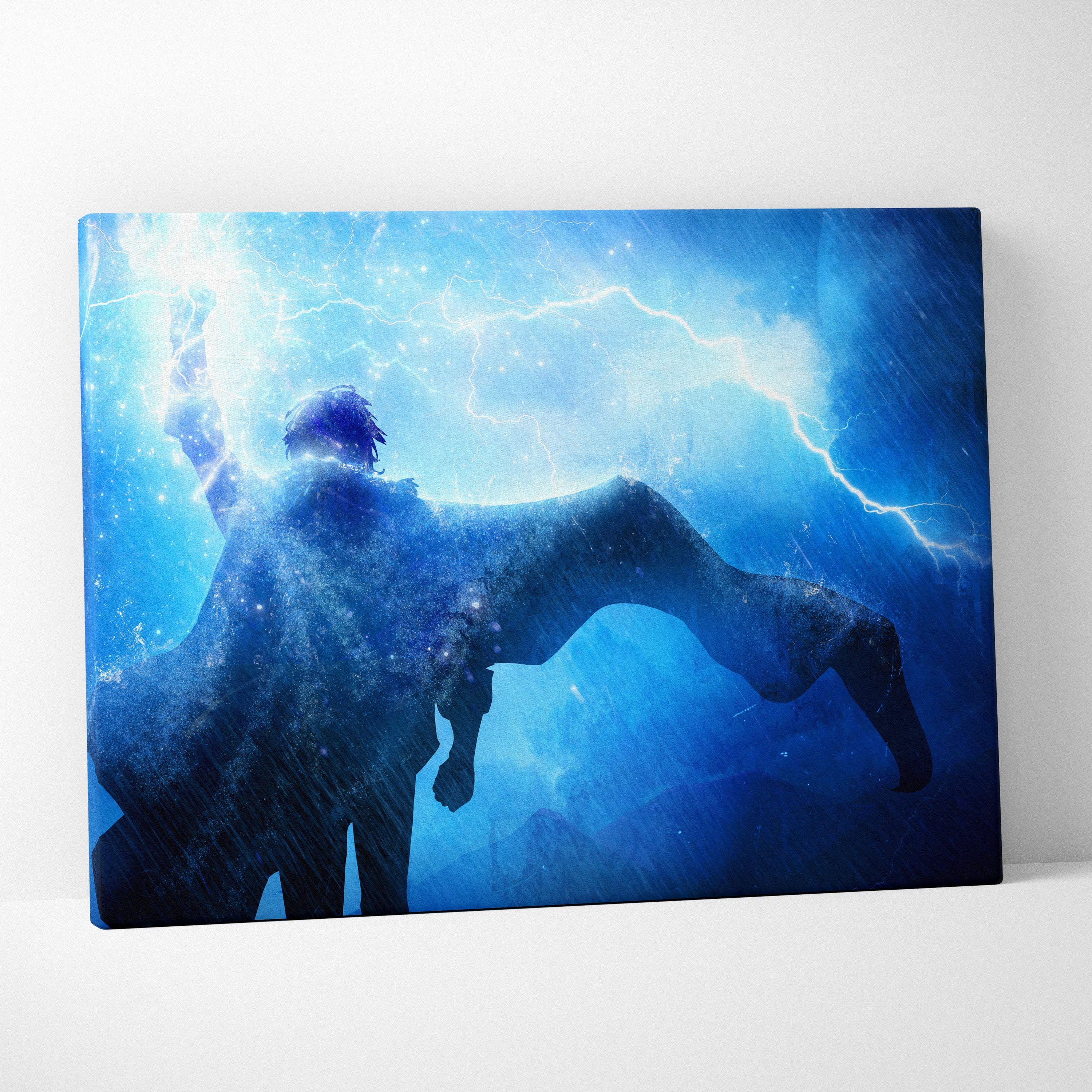 Blue canvas print of electric storm mage silhouette with outstretched arms and lightning against dramatic sky