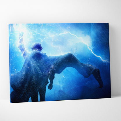 Blue canvas print of electric storm mage silhouette with outstretched arms and lightning against dramatic sky