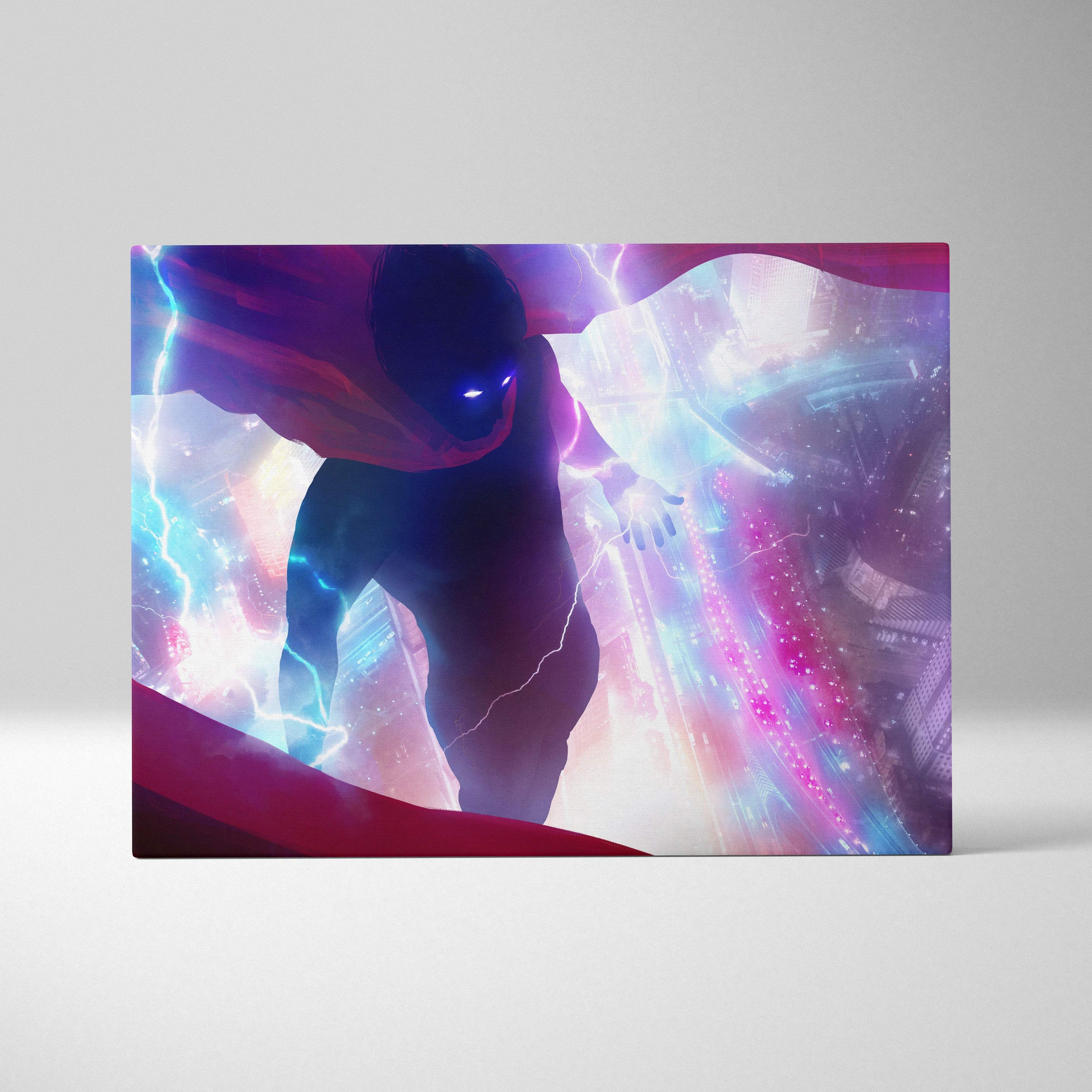 Neon lightning superhero canvas wall art with a dark silhouette and glowing blue eyes on a pink and blue lightning background