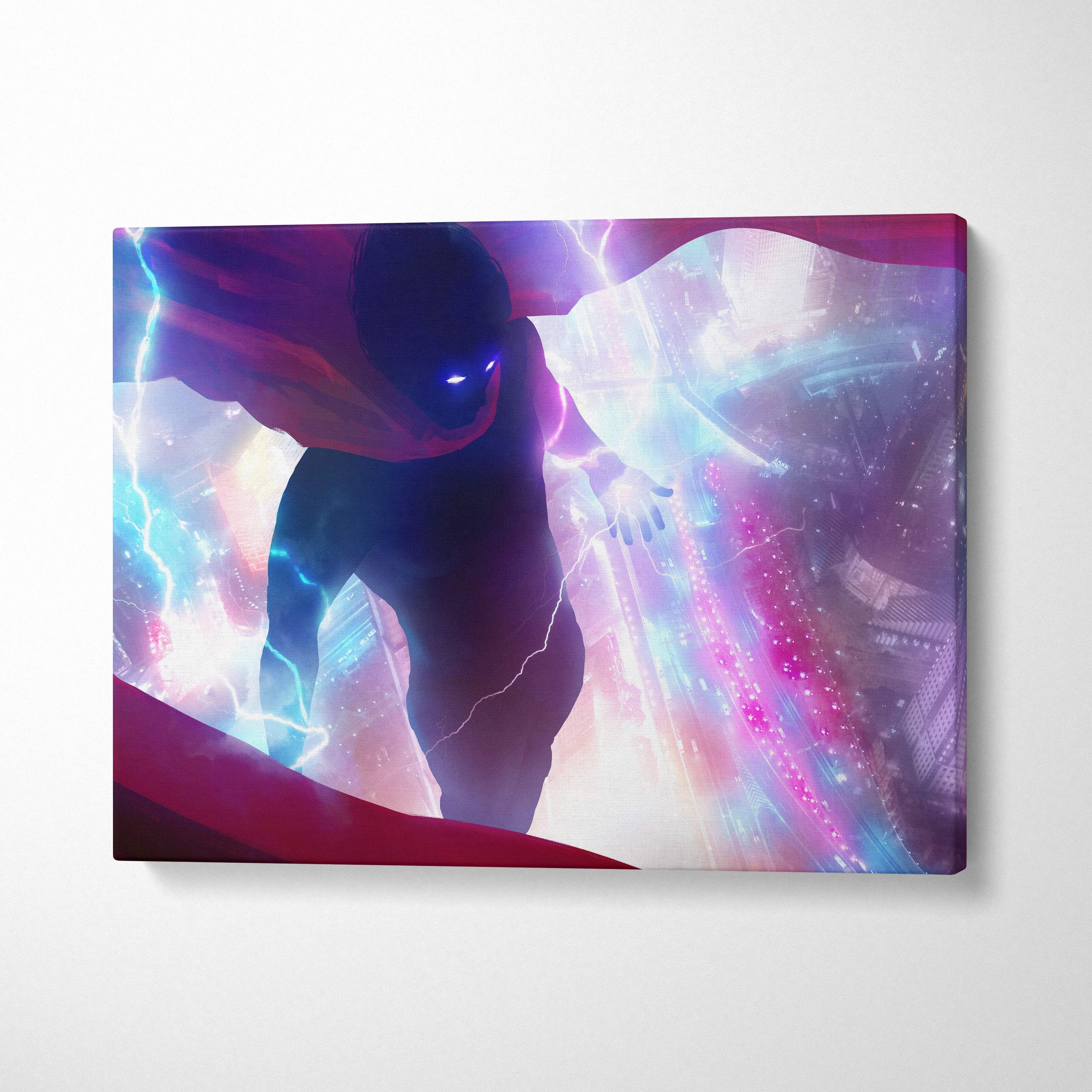 Neon lightning superhero canvas wall art with glowing blue eyes and pink blue glow in a futuristic cityscape background