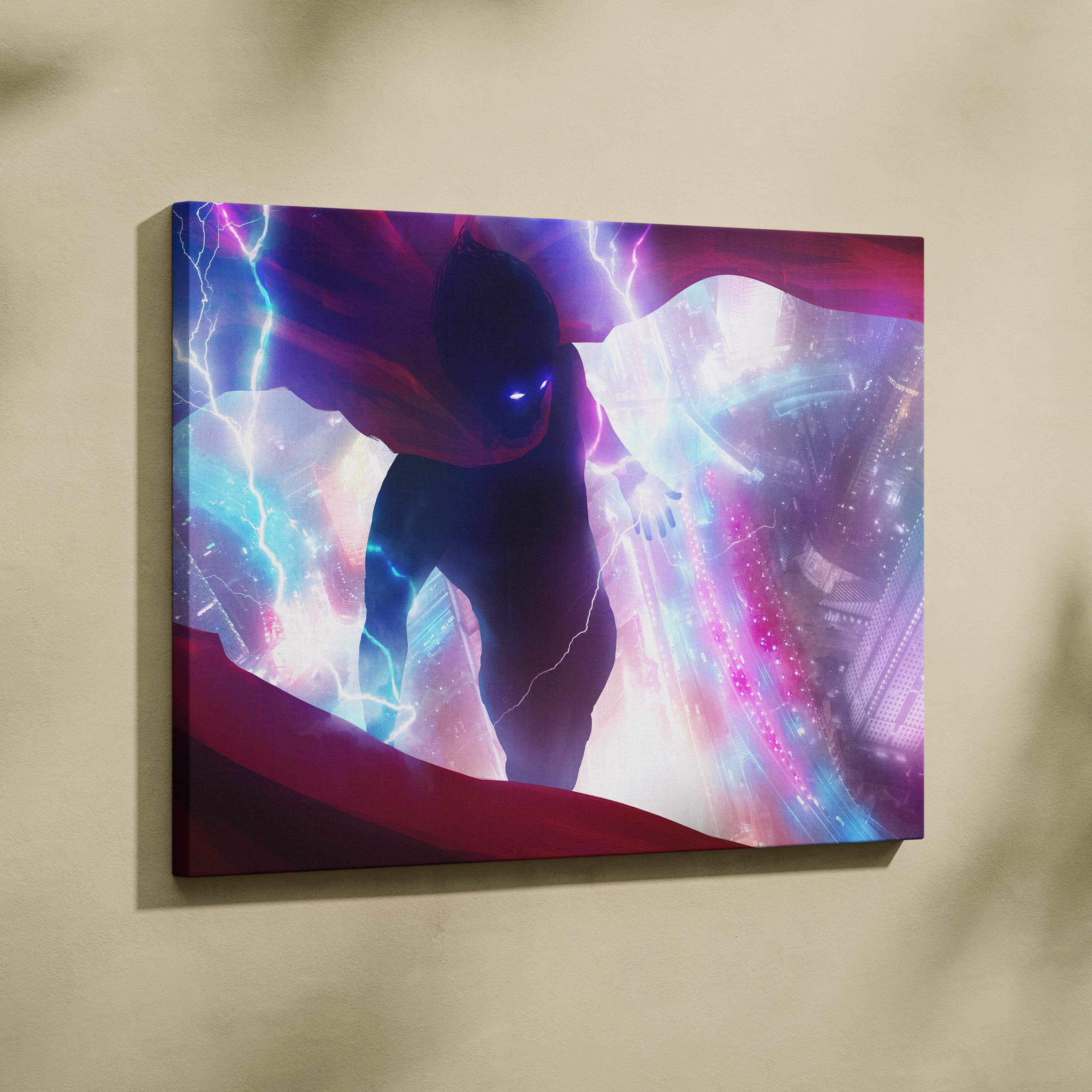 Vibrant neon lightning superhero canvas wall art with glowing blue eyes and purple cyan lightning cyberpunk cityscape
