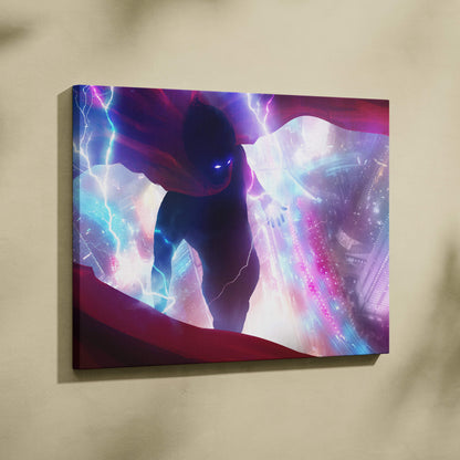 Vibrant neon lightning superhero canvas wall art with glowing blue eyes and purple cyan lightning cyberpunk cityscape
