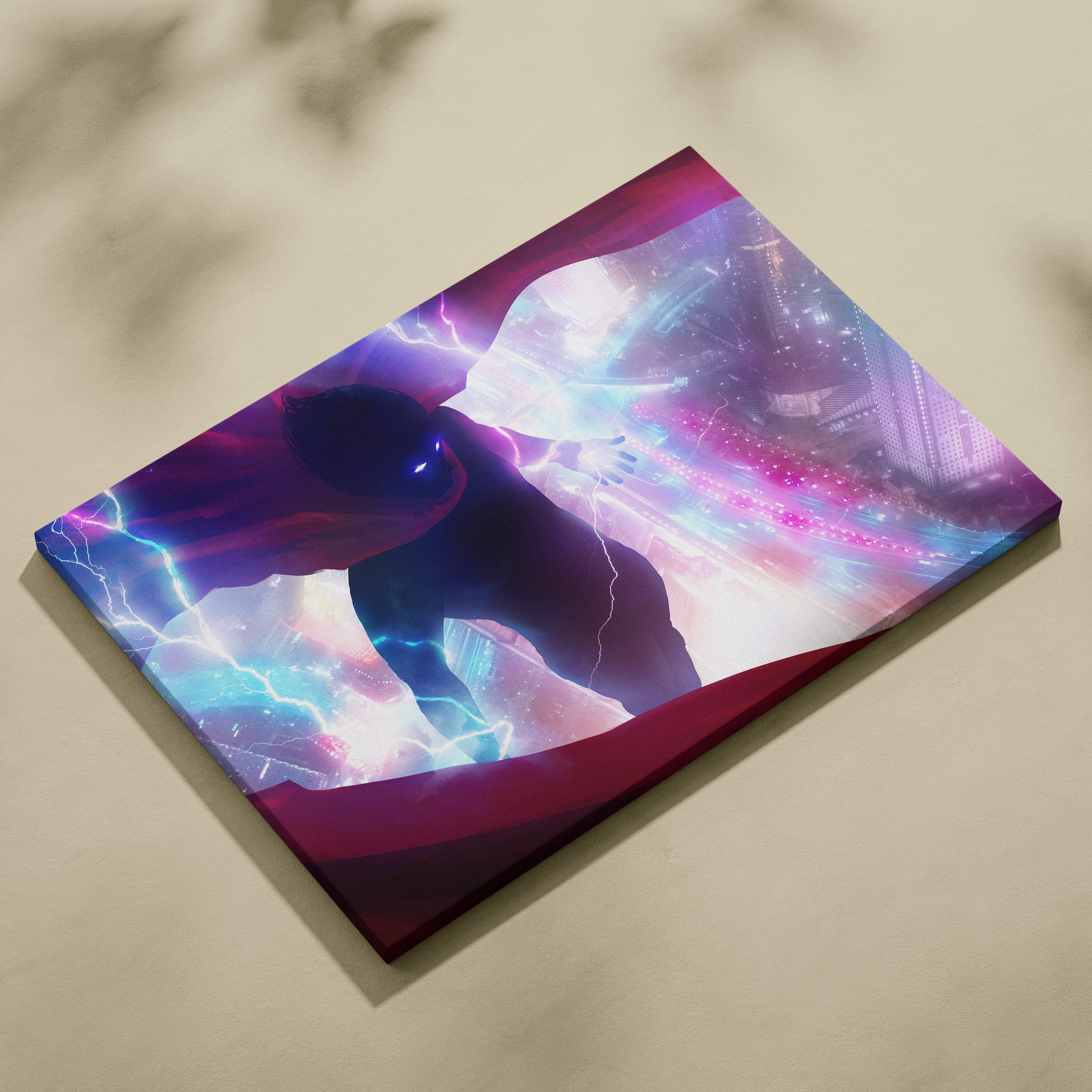 Neon lightning superhero canvas wall art featuring a vibrant pink and blue neon glowing silhouetted figure on cosmic backdrop
