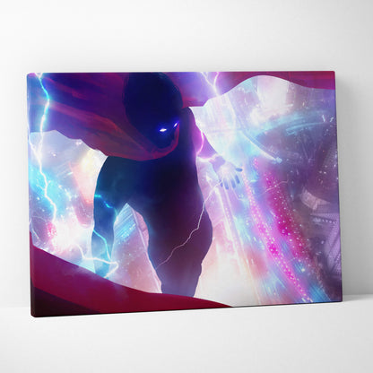 Vibrant neon lightning superhero canvas wall art with glowing blue eyes and red cape in cyberpunk cityscape colors