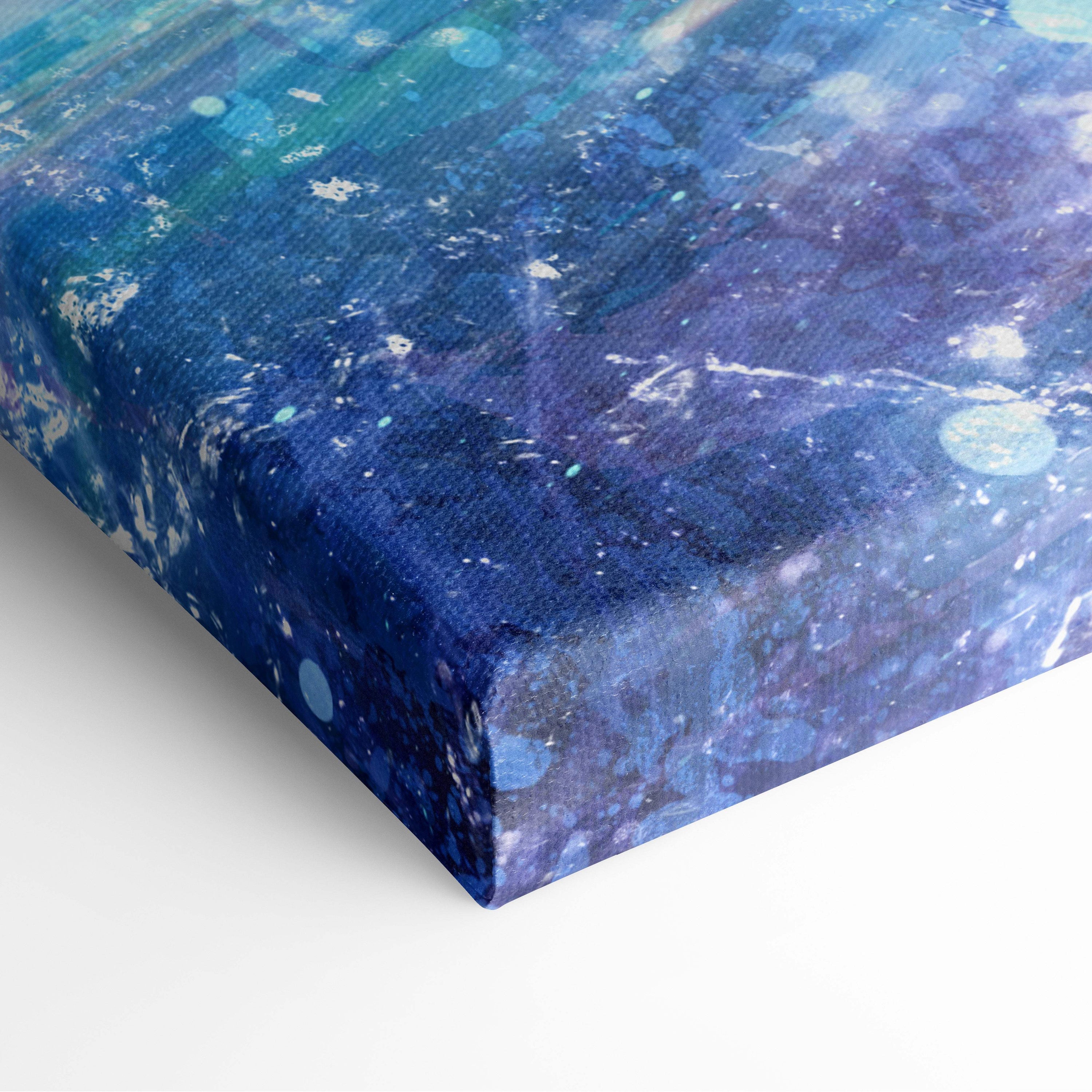 Cyberpunk neon motorcycle canvas wall art with textured cosmic abstract in deep blue purple and teal hues with star-like speckles