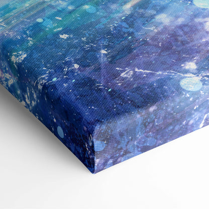 Cyberpunk neon motorcycle canvas wall art with textured cosmic abstract in deep blue purple and teal hues with star-like speckles