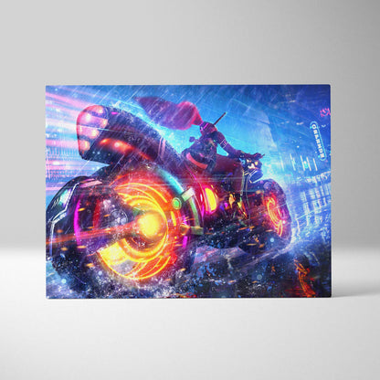 Cyberpunk neon motorcycle canvas wall art featuring a futuristic biker with glowing orange and pink wheels in a rainy city