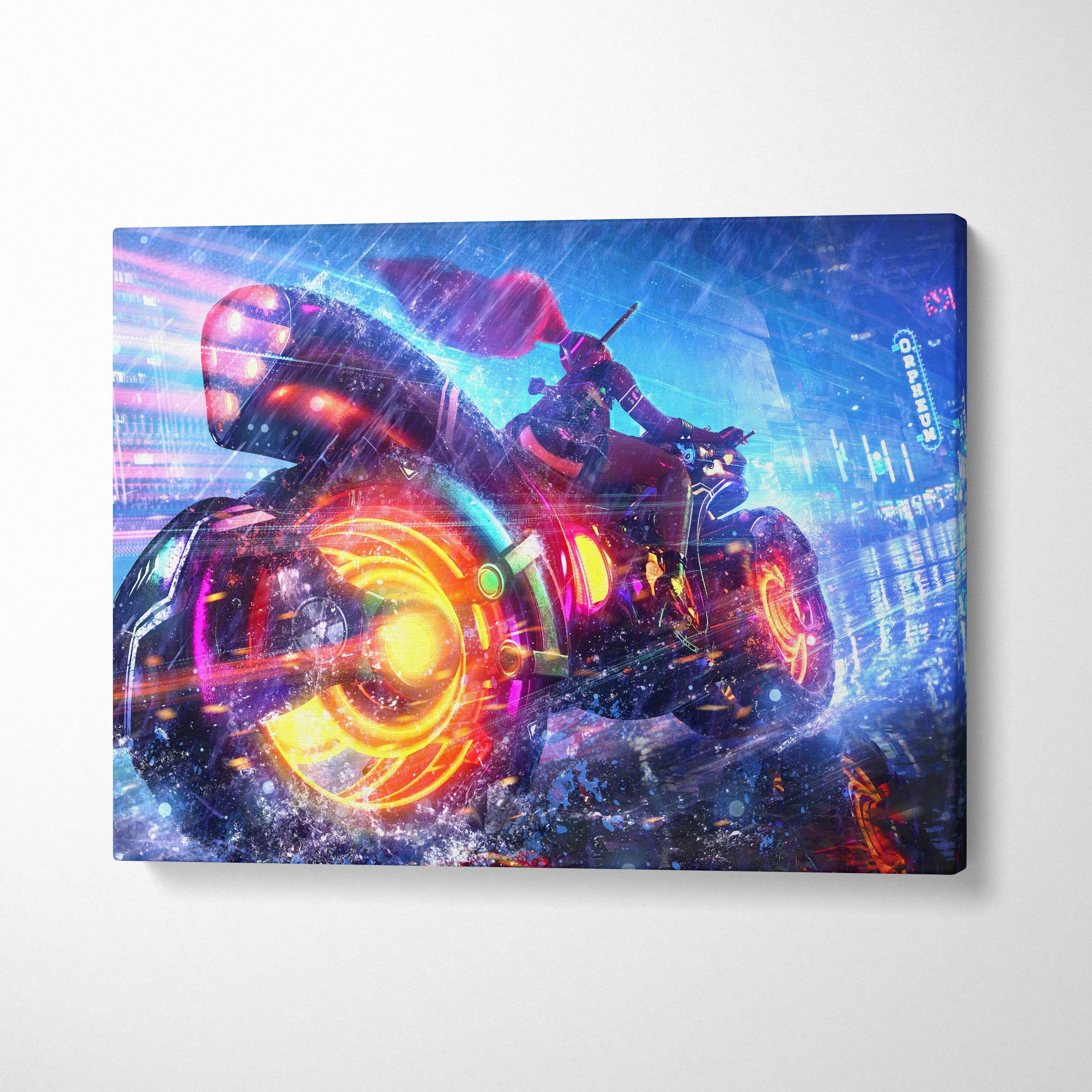Vibrant neon-lit cyberpunk motorcycle canvas wall art with glowing orange and pink wheels in rainy cityscape background