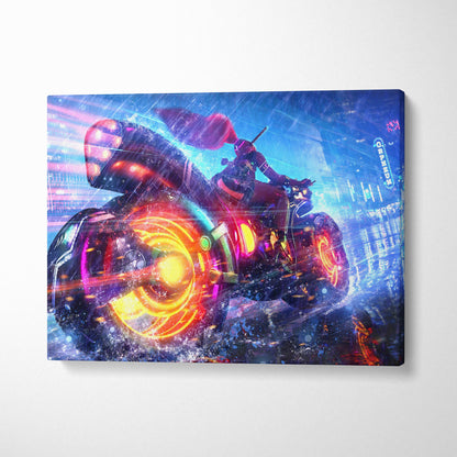 Vibrant neon-lit cyberpunk motorcycle canvas wall art with glowing orange and pink wheels in rainy cityscape background