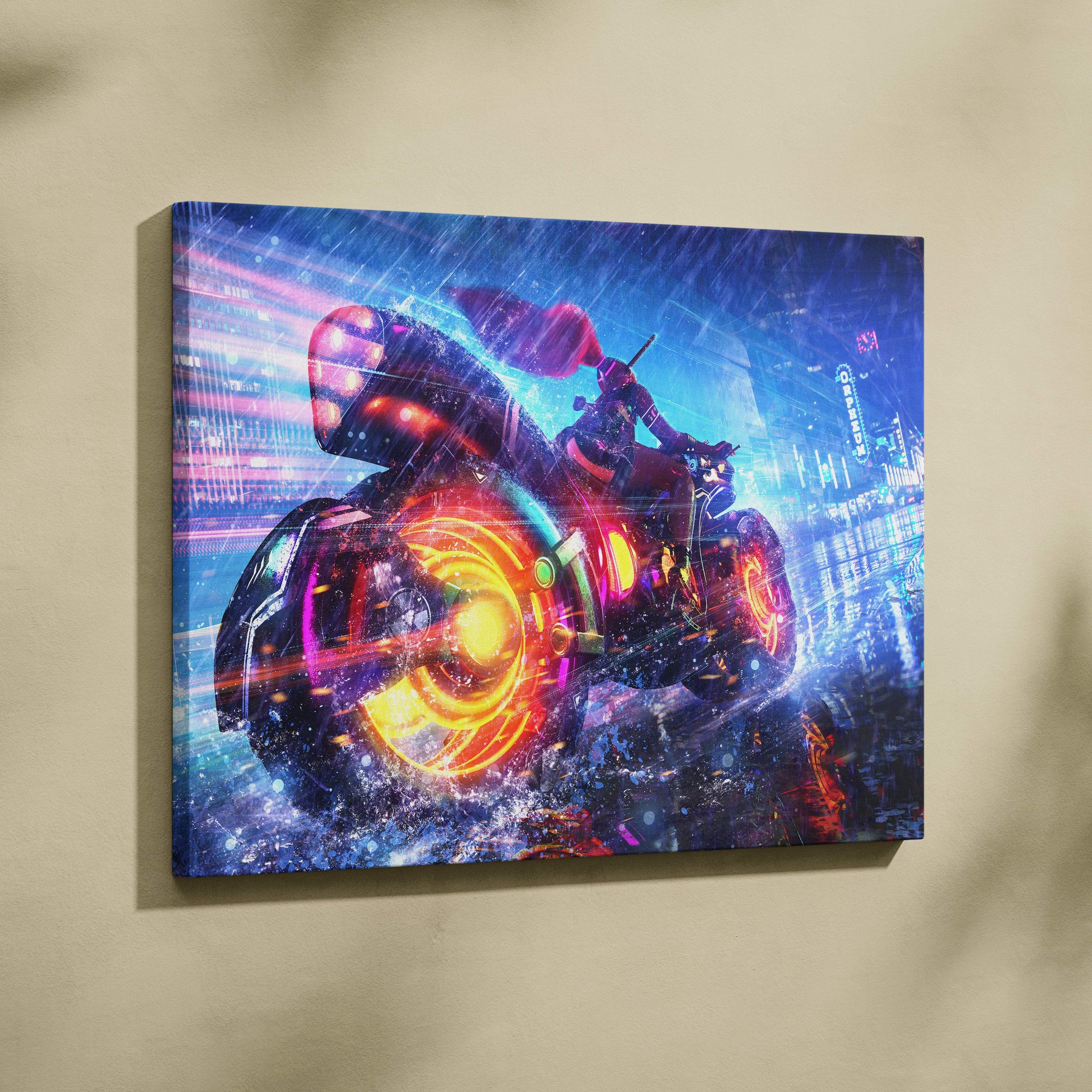 Cyberpunk neon motorcycle canvas wall art featuring vibrant glowing orange and purple futuristic biker design