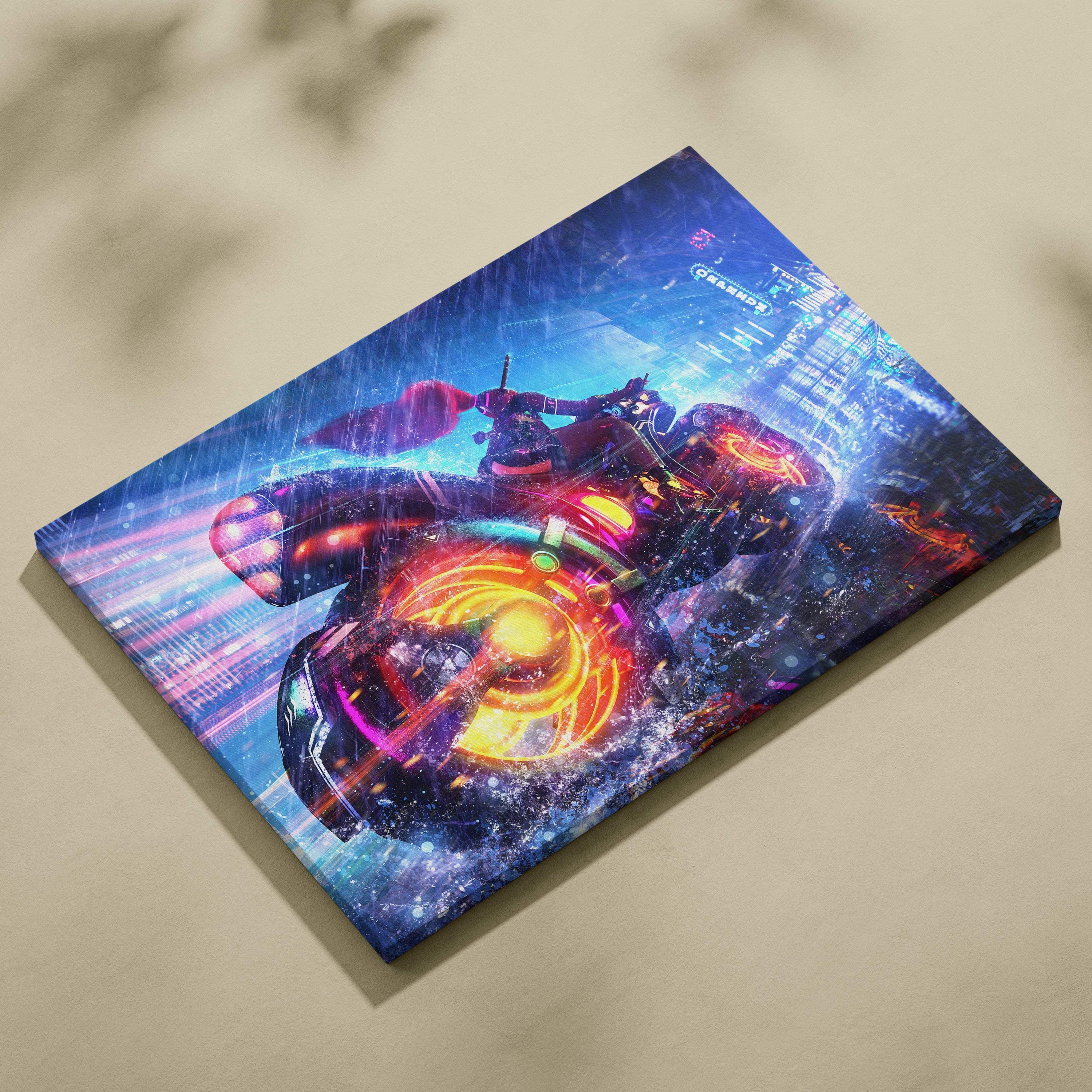 Cyberpunk neon motorcycle canvas wall art with glowing orange and purple lights against futuristic cityscape backdrop