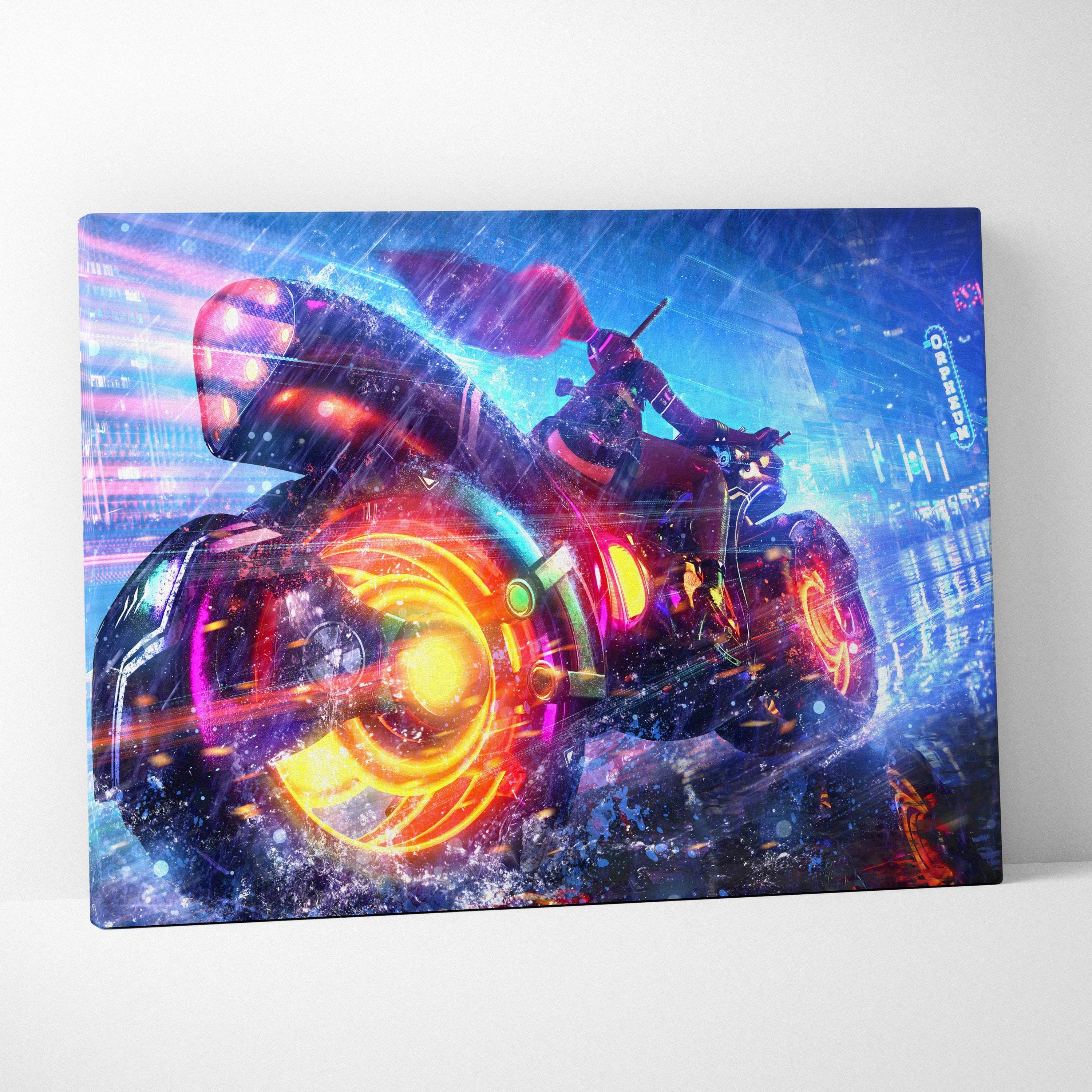 Cyberpunk neon motorcycle canvas wall art featuring glowing orange and purple wheels with a rider in red gear