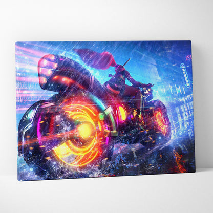 Cyberpunk neon motorcycle canvas wall art featuring glowing orange and purple wheels with a rider in red gear