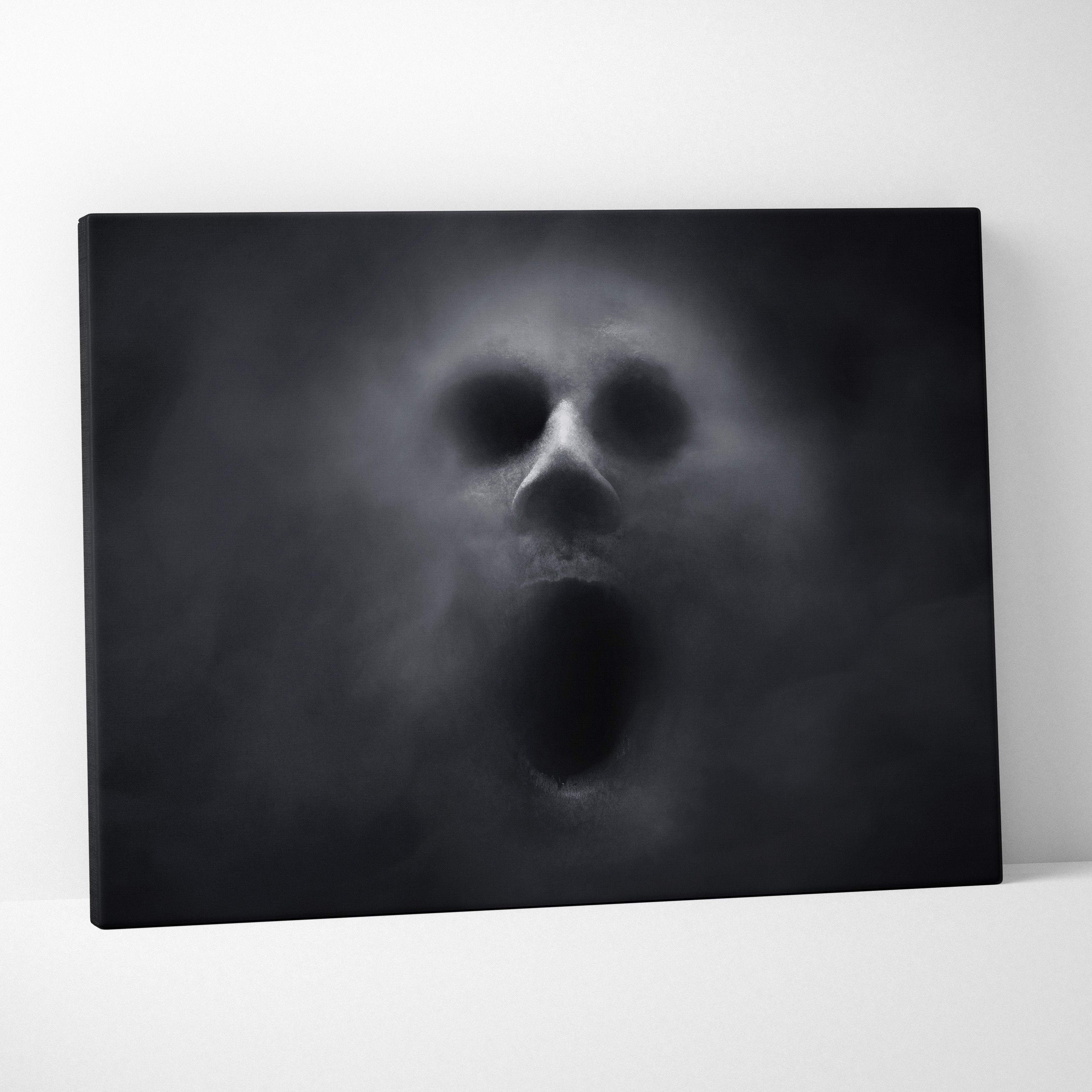 Black canvas print featuring a ghostly skull with open mouth and dark eye sockets for moody gothic decor