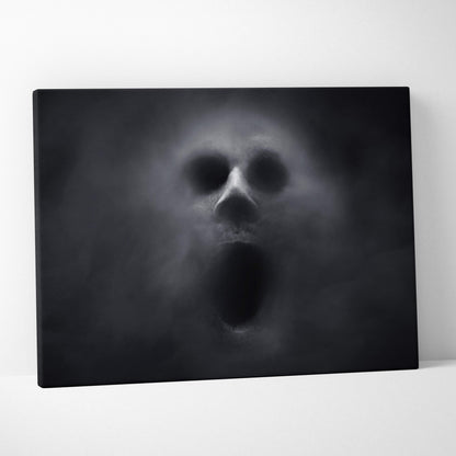 Black canvas print featuring a ghostly skull with open mouth and dark eye sockets for moody gothic decor
