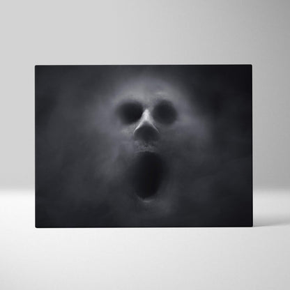 Black ghost skull canvas print of a foggy ghostly face with open mouth in black and white moody gothic style wall art
