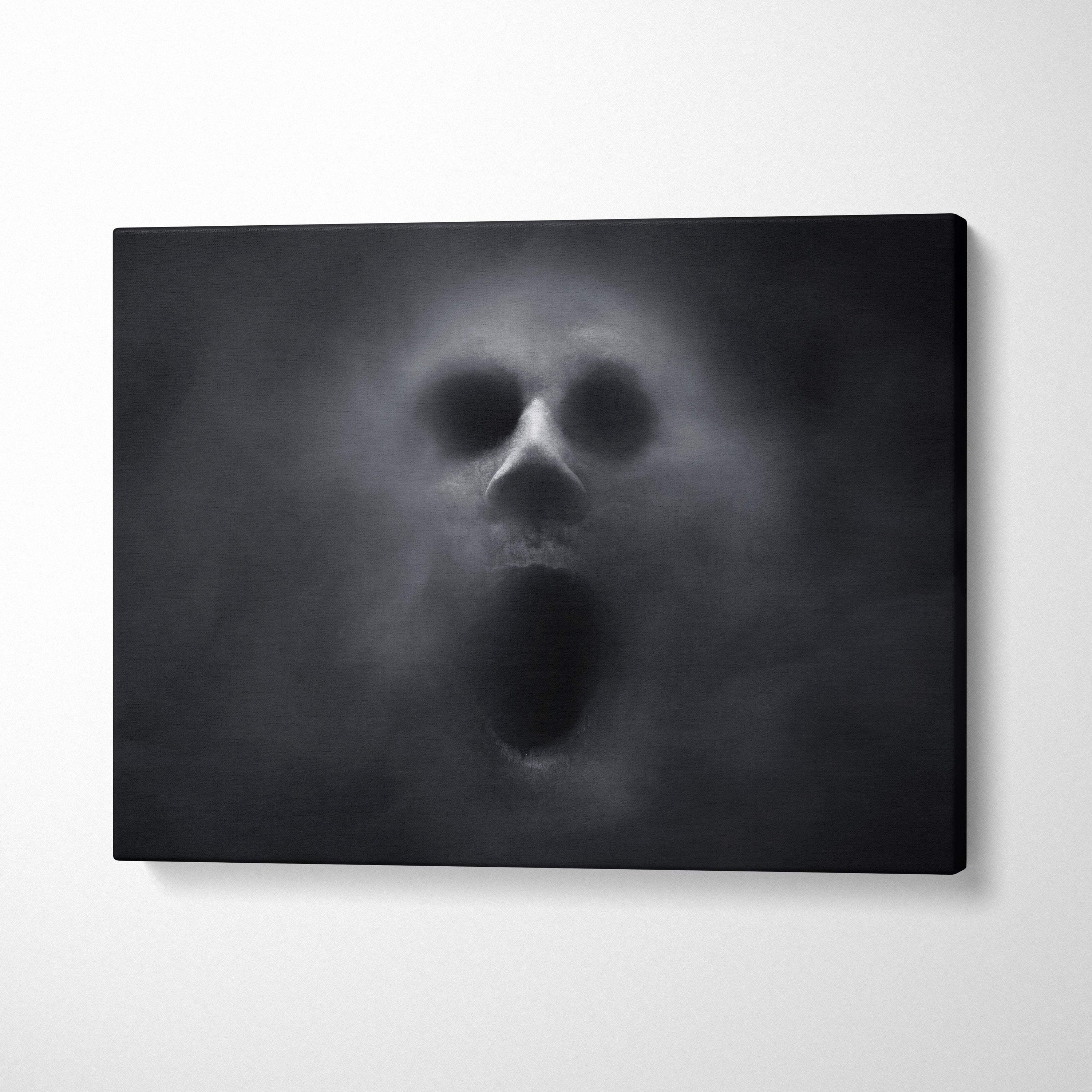 Black canvas print featuring a ghostly skull with open mouth and dark eye sockets in moody gothic decor style
