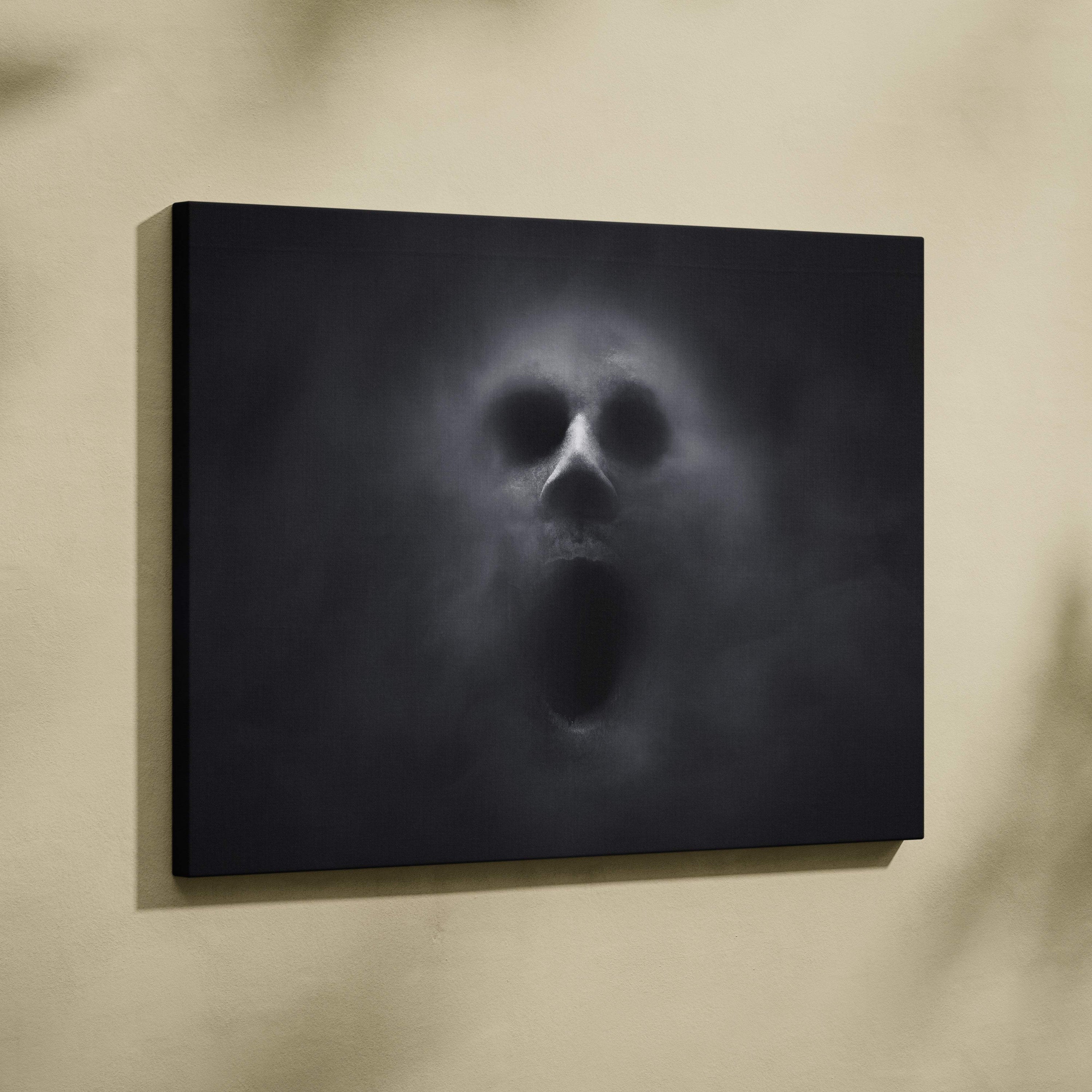 Black ghost skull canvas print with smoky skull and open mouth on black canvas dark smoke horror wall art