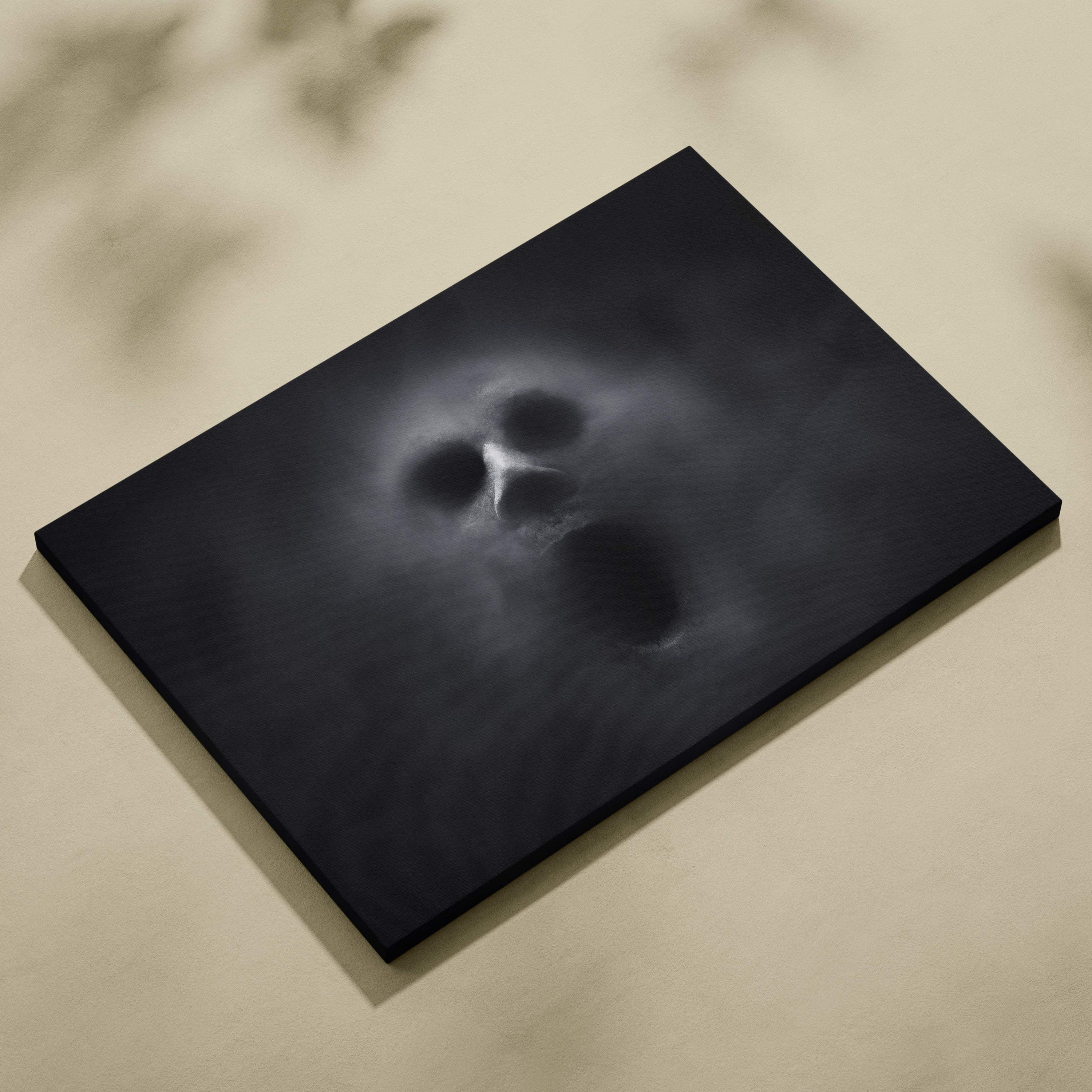 Black canvas print featuring a ghostly smoky skull design in a dark smoke horror gothic minimalist style artwork