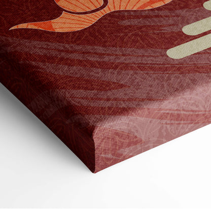 A canvas print of orange and cream gold phoenix crescent moon on textured deep red background for bold wall art