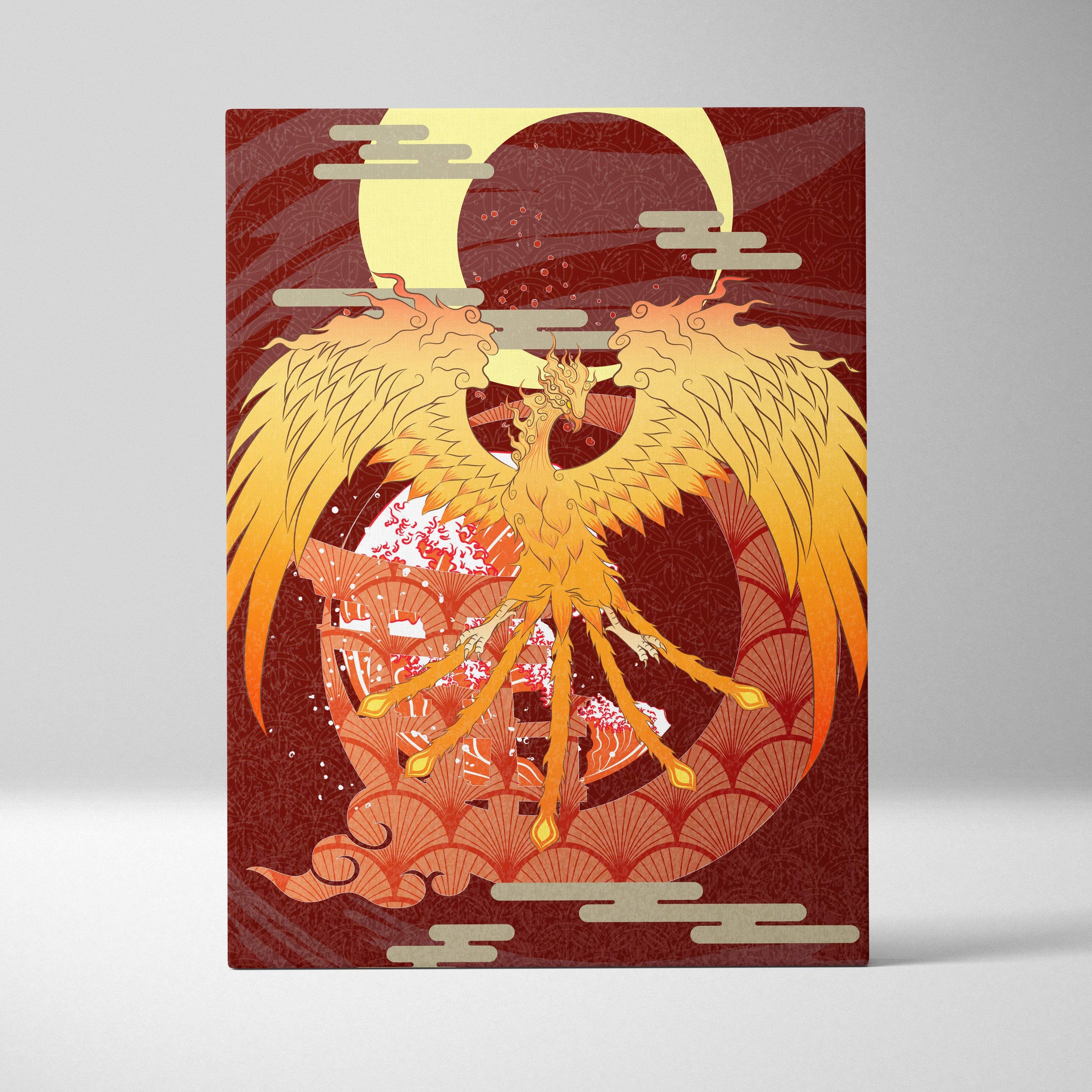 Gold phoenix crescent moon canvas wall art with vibrant golden phoenix and red japanese tattoo style background