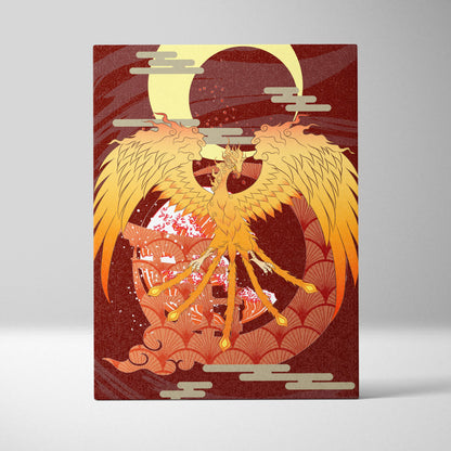 Gold phoenix crescent moon canvas wall art with vibrant golden phoenix and red japanese tattoo style background