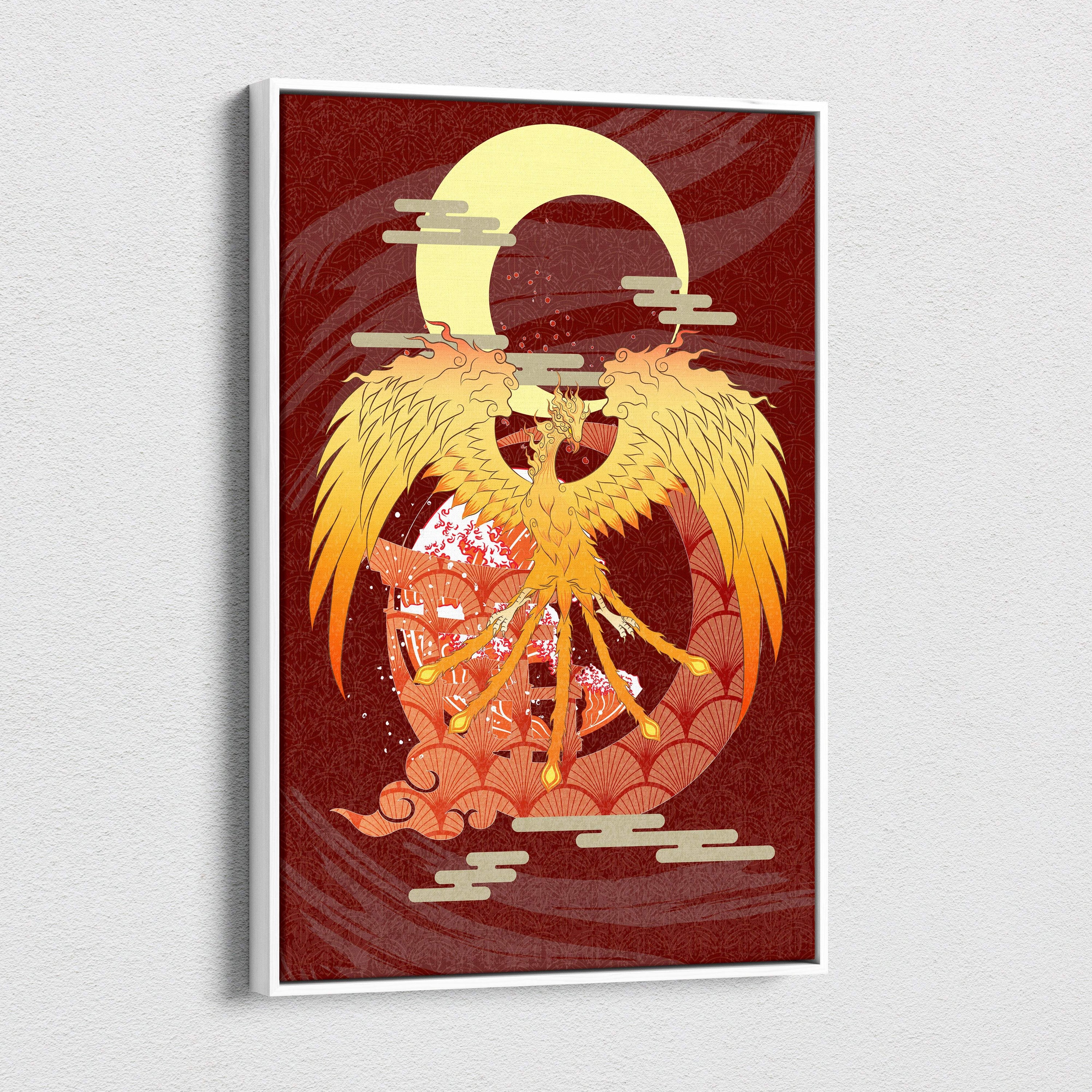 A framed gold phoenix canvas wall art with crescent moon and red Japanese tattoo style for bold room decor