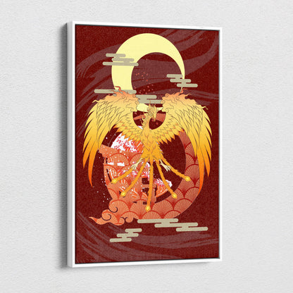 A framed gold phoenix canvas wall art with crescent moon and red Japanese tattoo style for bold room decor