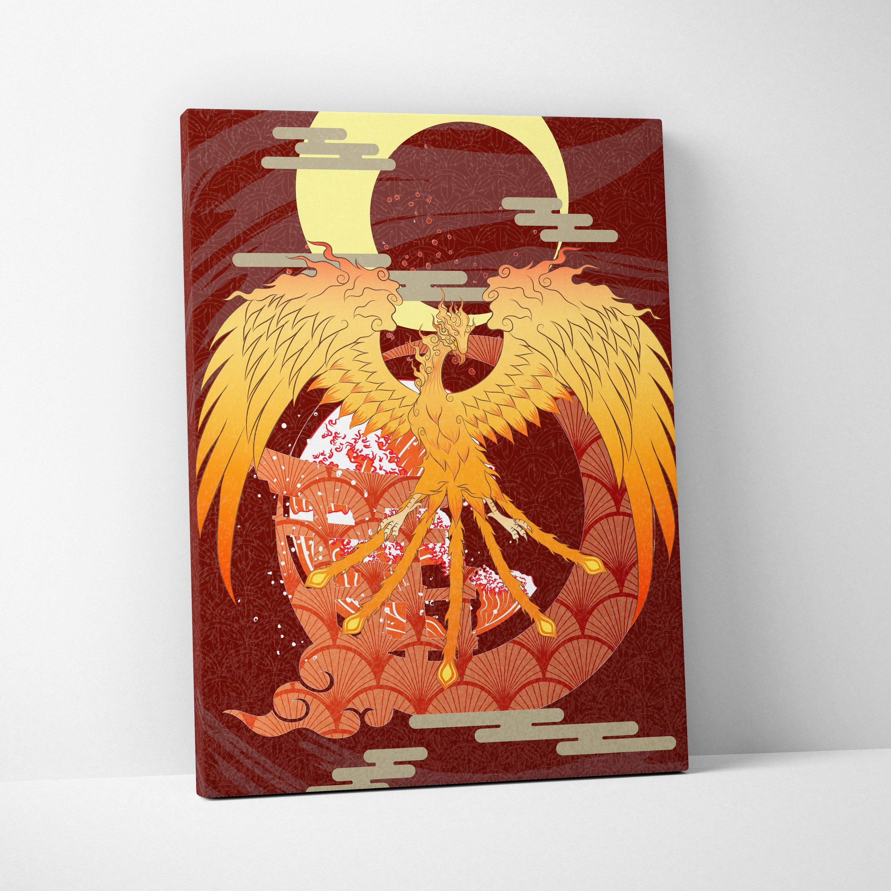 Gold phoenix crescent moon canvas wall art with stylized golden phoenix on red background for bold mythical decor