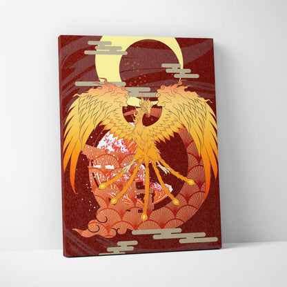Gold phoenix crescent moon canvas wall art with stylized golden phoenix on red background for bold mythical decor