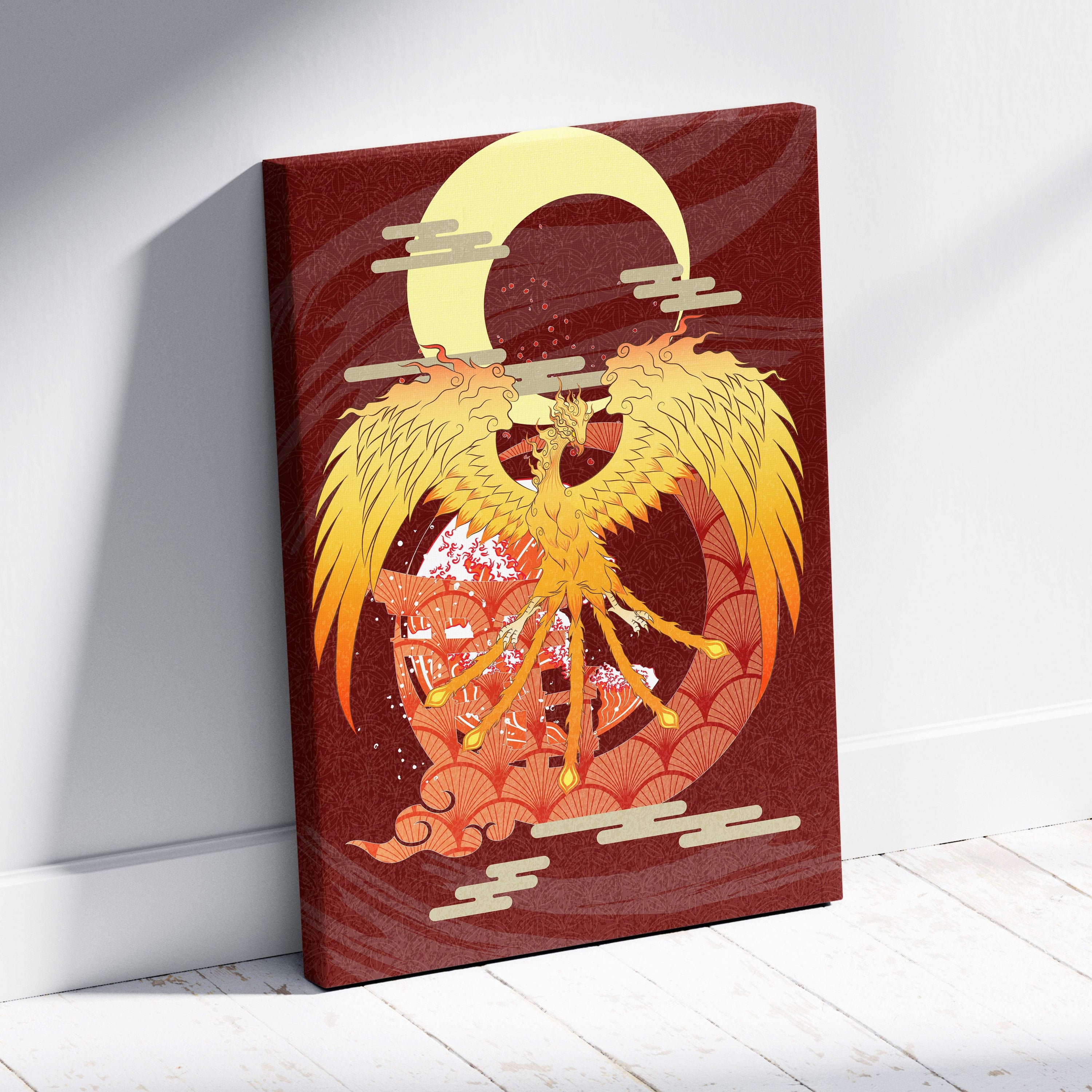 Gold phoenix crescent moon canvas wall art featuring a vibrant red print with detailed wings and ornate fan patterns