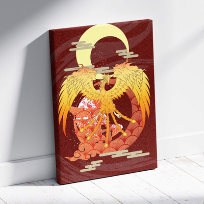 Gold phoenix crescent moon canvas wall art featuring a vibrant red print with detailed wings and ornate fan patterns