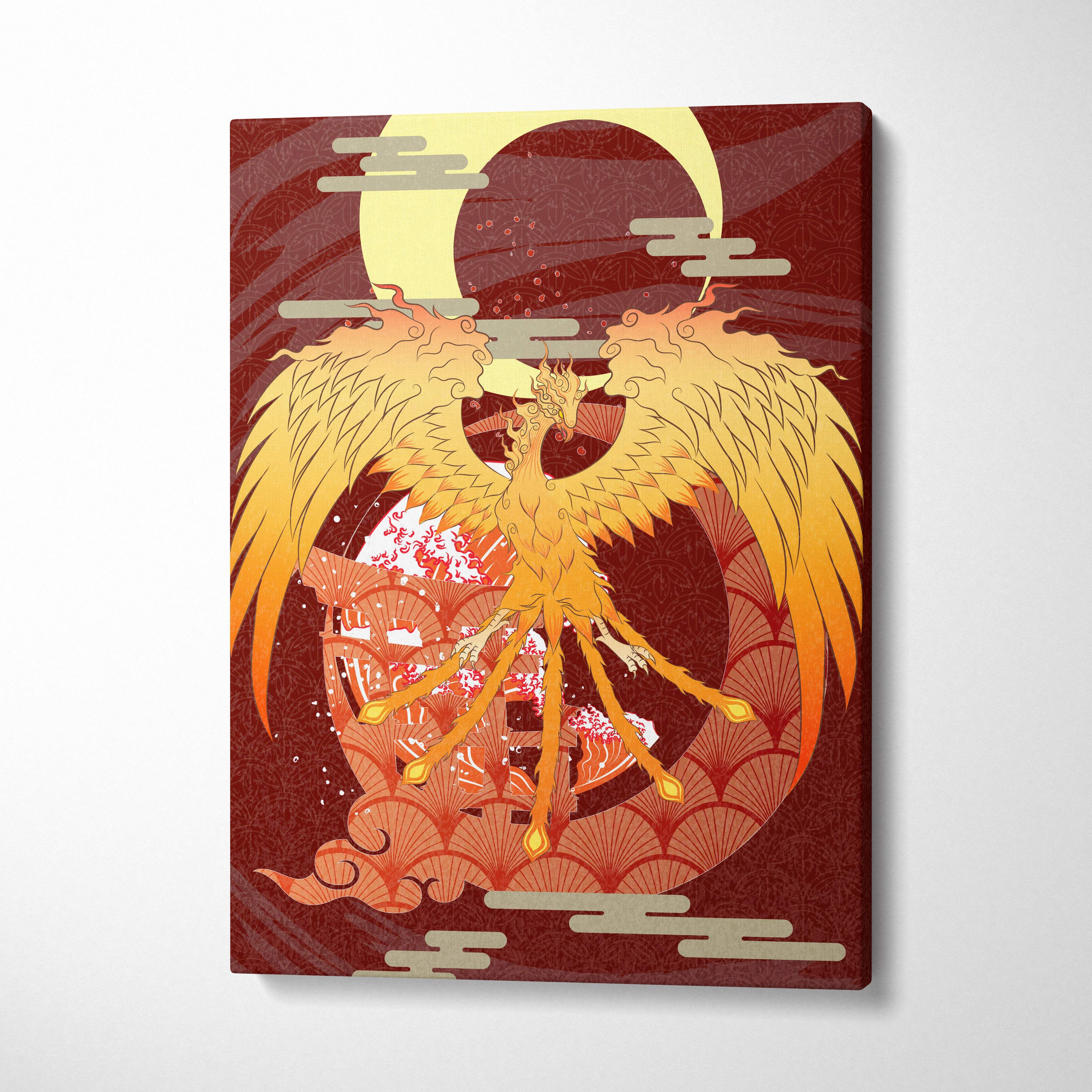 Gold phoenix crescent moon canvas wall art with detailed feathers on red Japanese tattoo style background for room decor