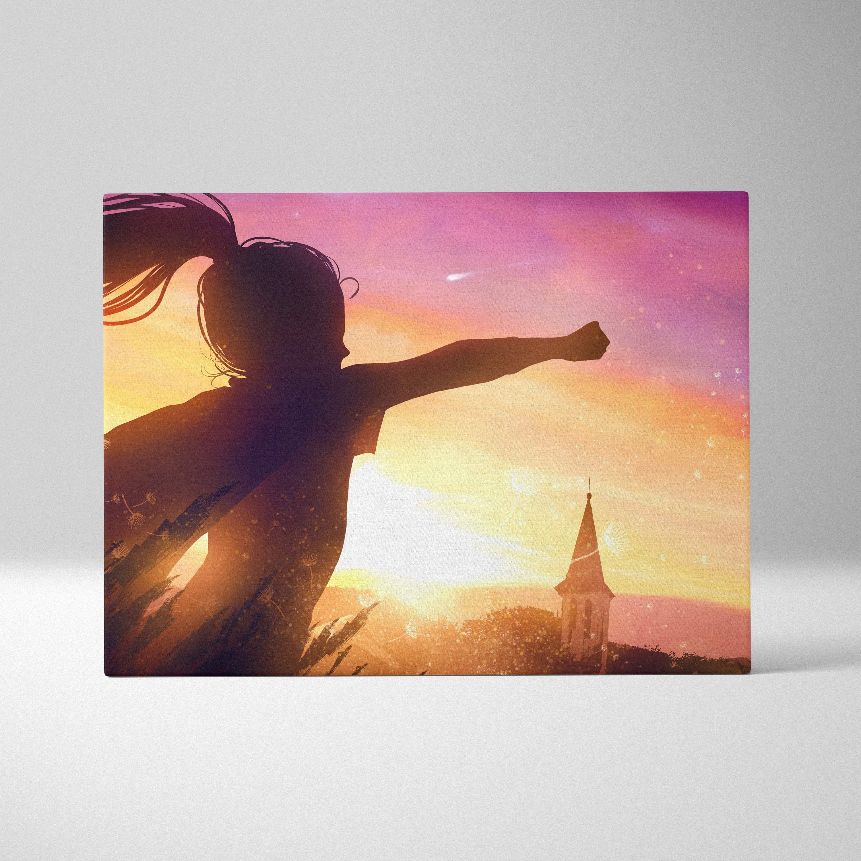 Dreamy sunset freedom rectangular canvas wall art featuring a girl silhouette with flowing hair against a golden pink sky