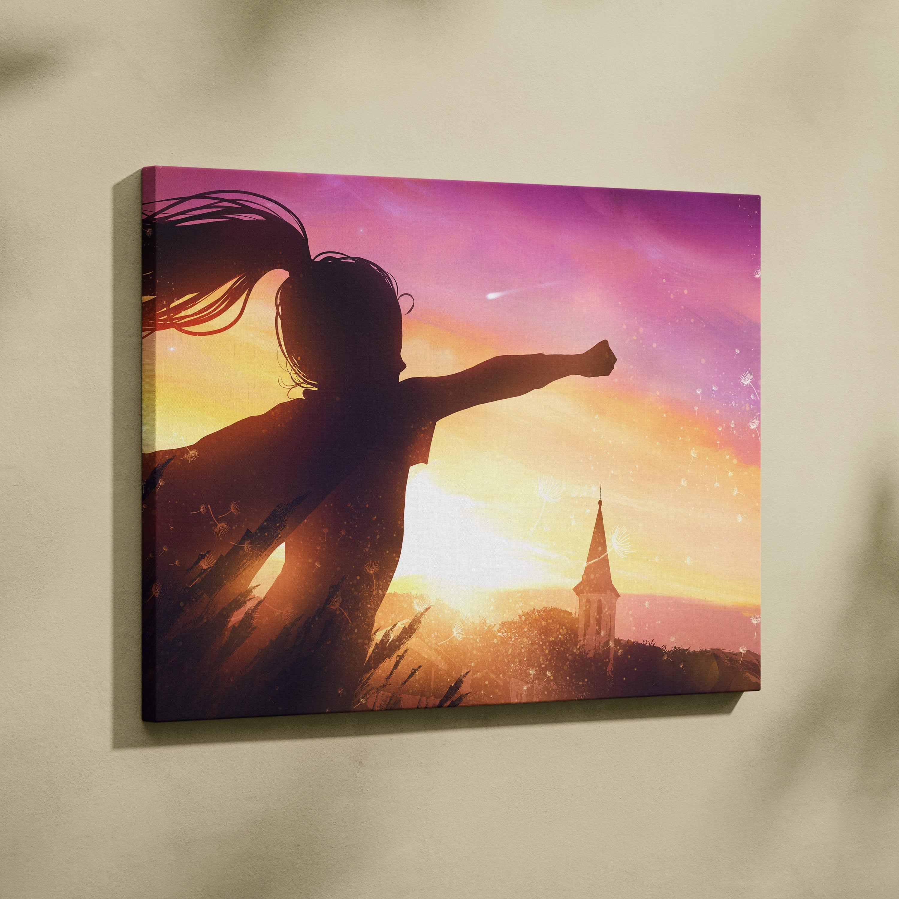 A vibrant canvas wall art of a girl silhouette with flowing hair against a golden pink sunset sky and distant church steeple