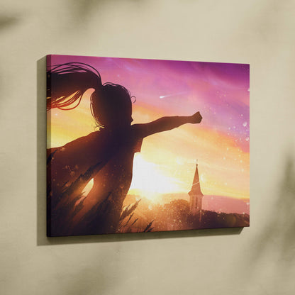 A vibrant canvas wall art of a girl silhouette with flowing hair against a golden pink sunset sky and distant church steeple
