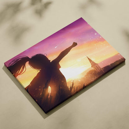 Vibrant canvas wall art featuring a silhouette of a woman with raised arm against a golden pink sunset sky