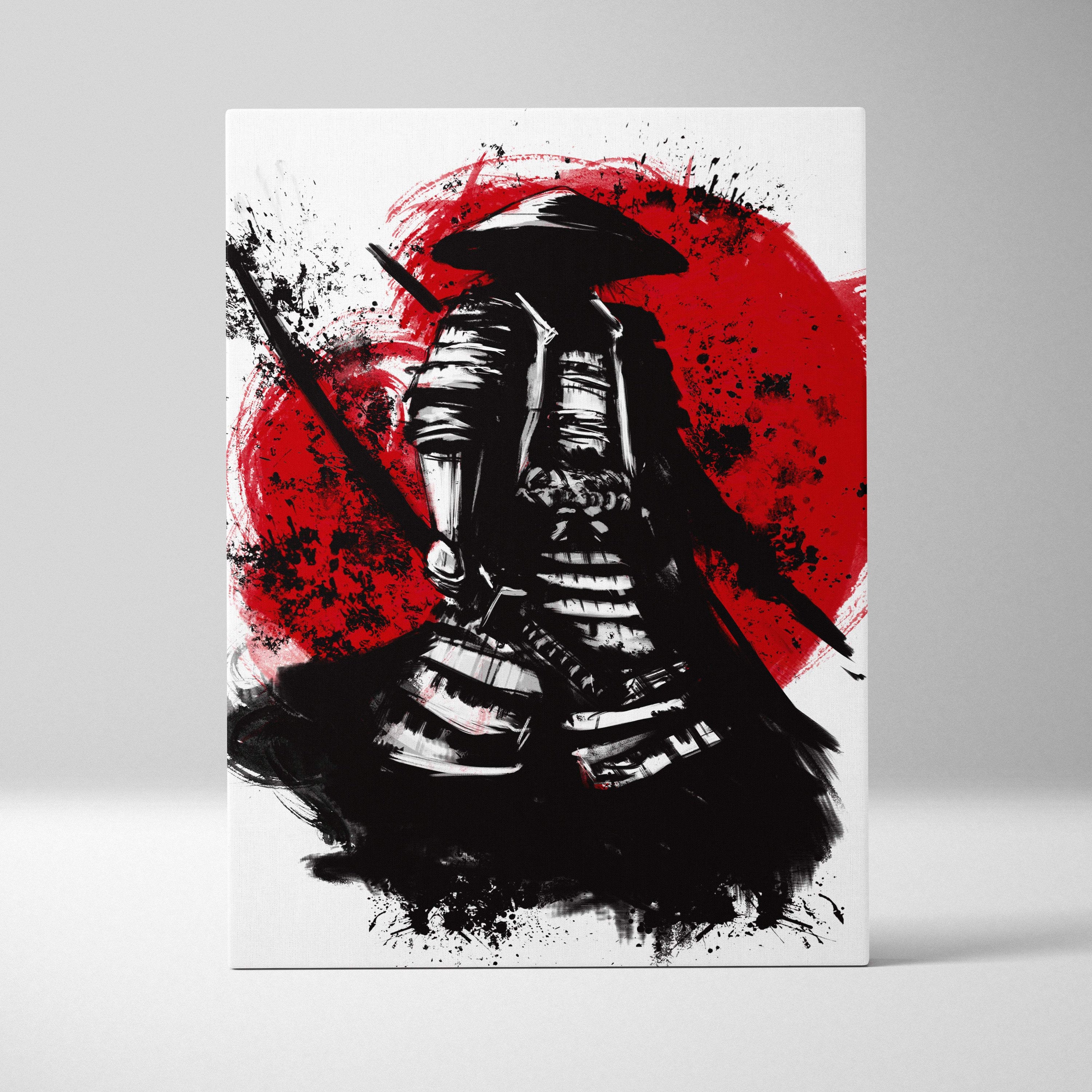 Samurai warrior canvas print with black and red ink stroke illustration on bold red circular background for martial arts decor