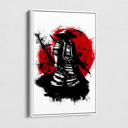 Black and white ink styled samurai warrior canvas print in sleek white frame with bold red circular background wall art