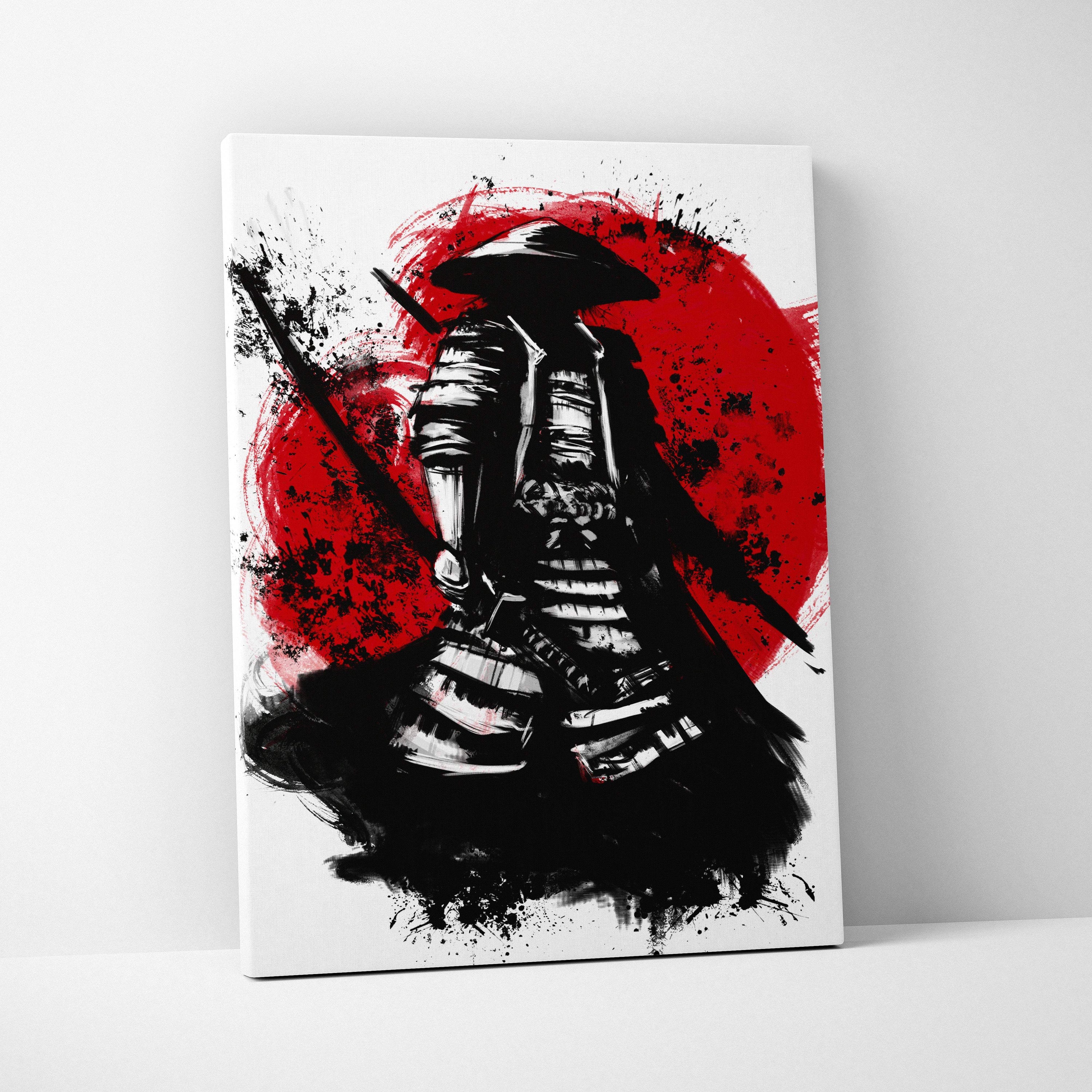 Samurai warrior canvas print featuring bold red and black ink brush painting style with circular sun motif for wall art