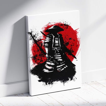 Samurai warrior canvas print featuring black and red ink brush painting of samurai before a bold circular sun