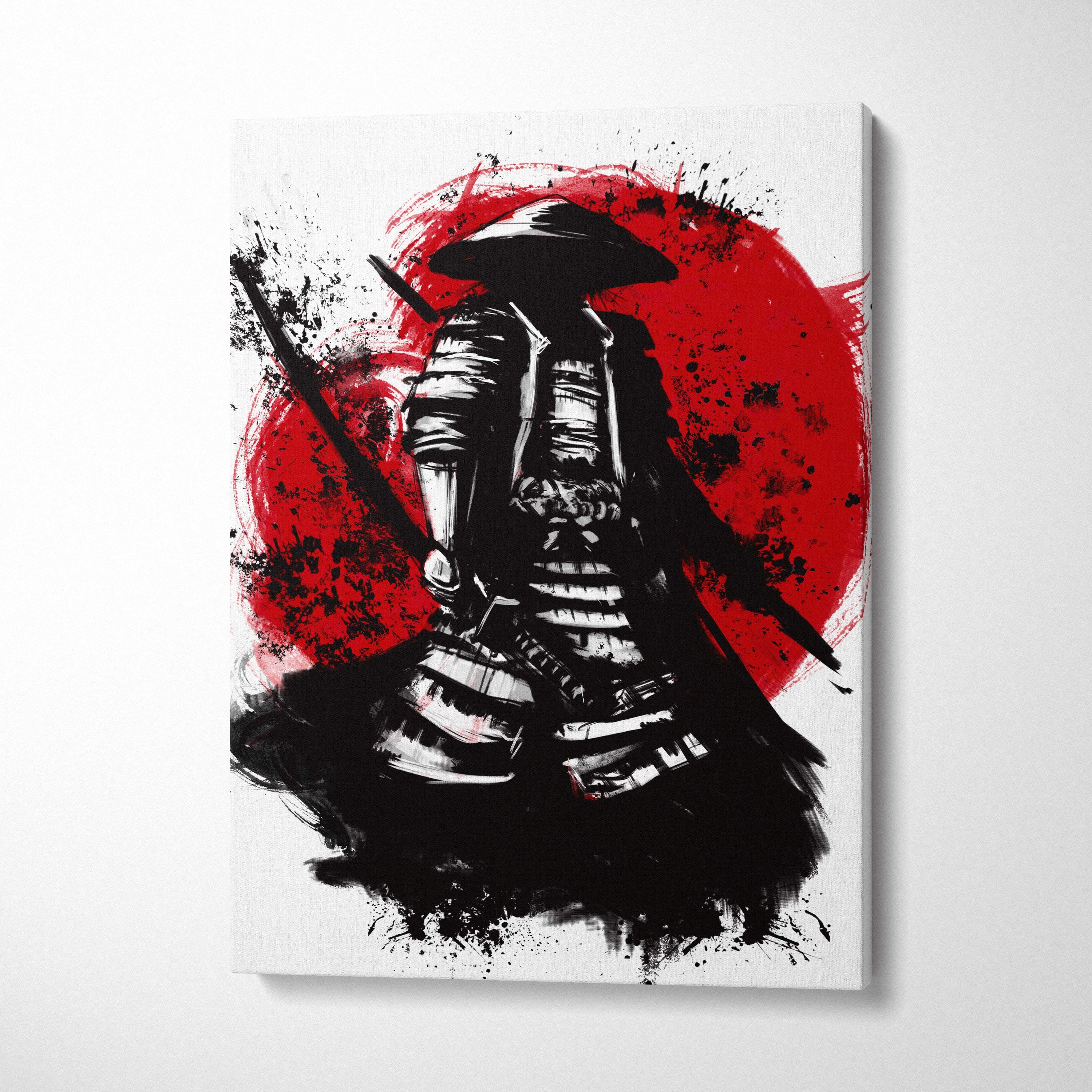 Samurai warrior canvas print featuring black and red ink brush painting of a samurai before a bold circular sun motif