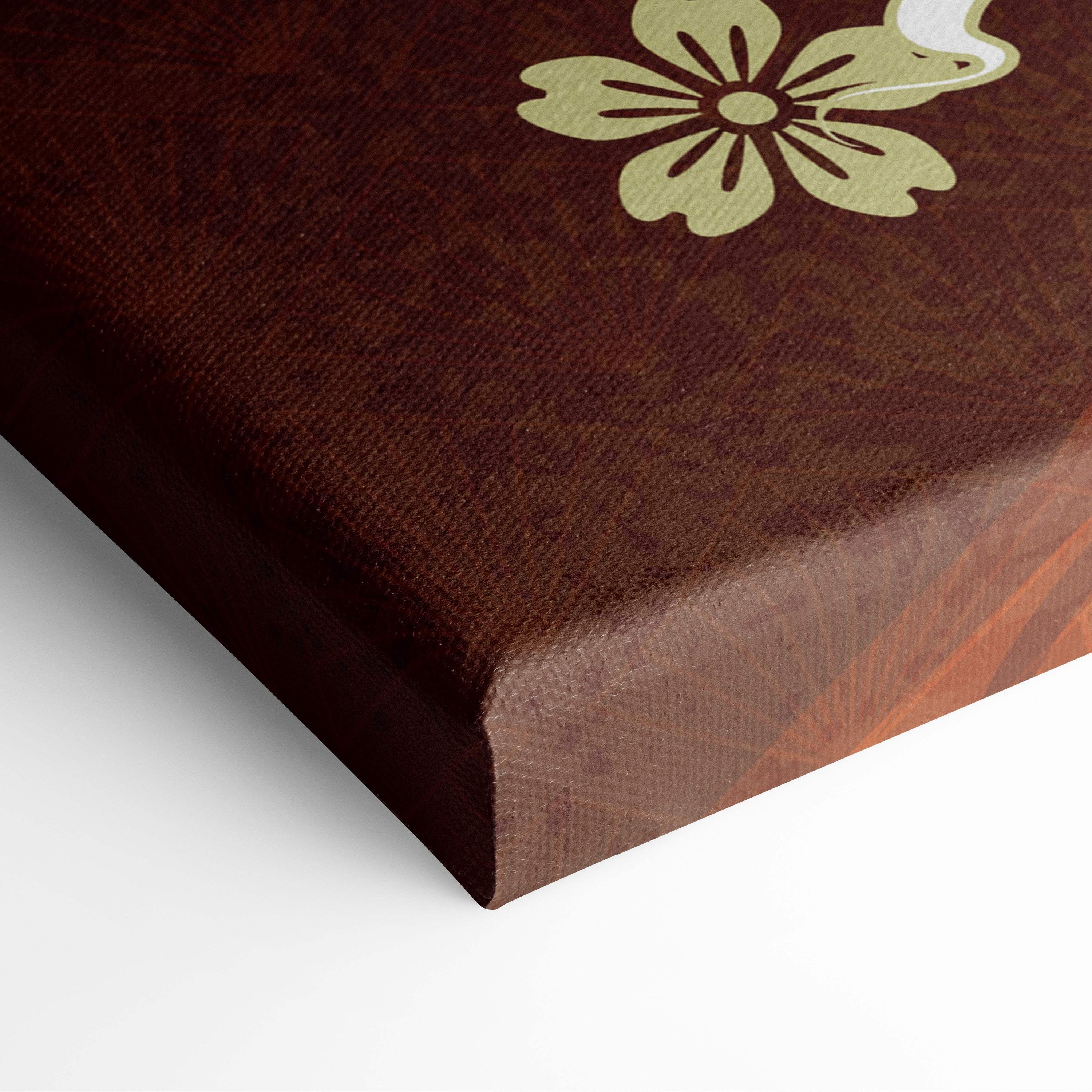 Brown canvas print featuring a gold floral design with black outlines in twin tigers sun japanese style wall art