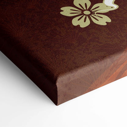 Brown canvas print featuring a gold floral design with black outlines in twin tigers sun japanese style wall art