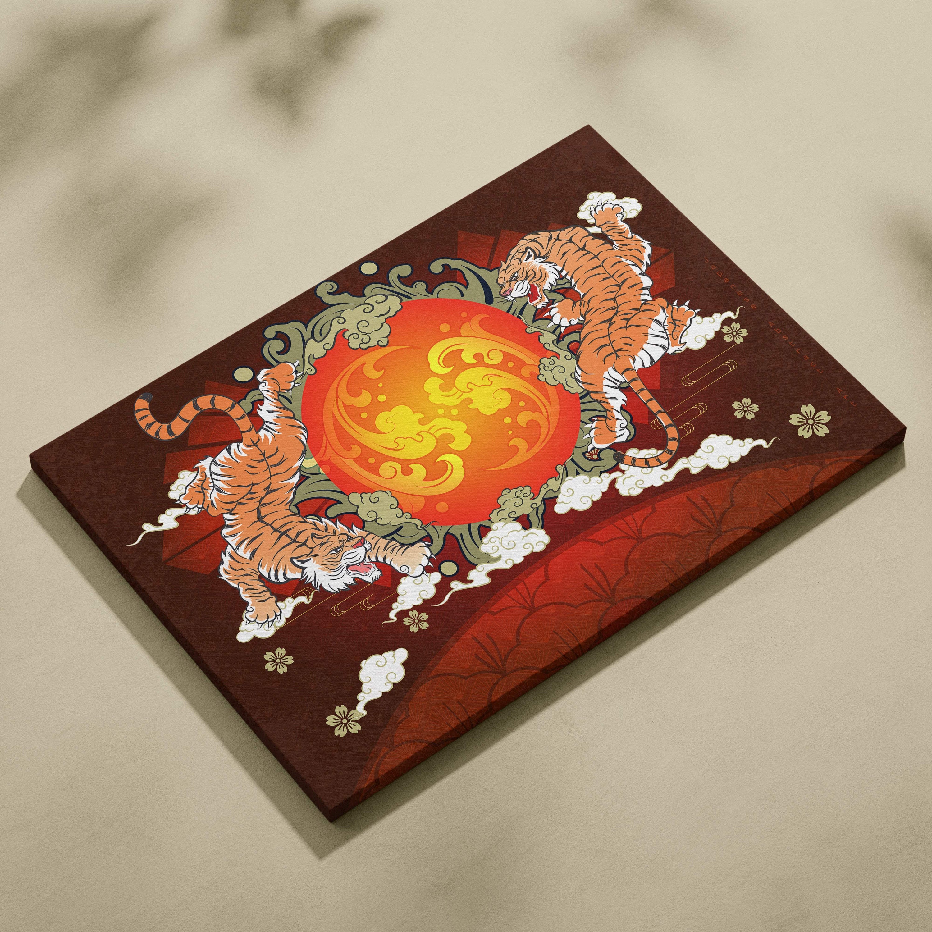 Rectangular canvas wall art featuring twin orange tigers leaping around a red and gold sun design on brown background