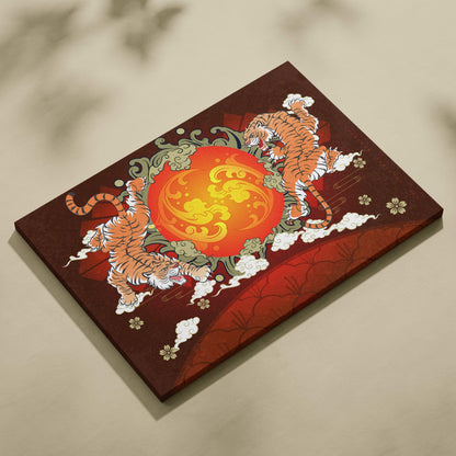 Rectangular canvas wall art featuring twin orange tigers leaping around a red and gold sun design on brown background
