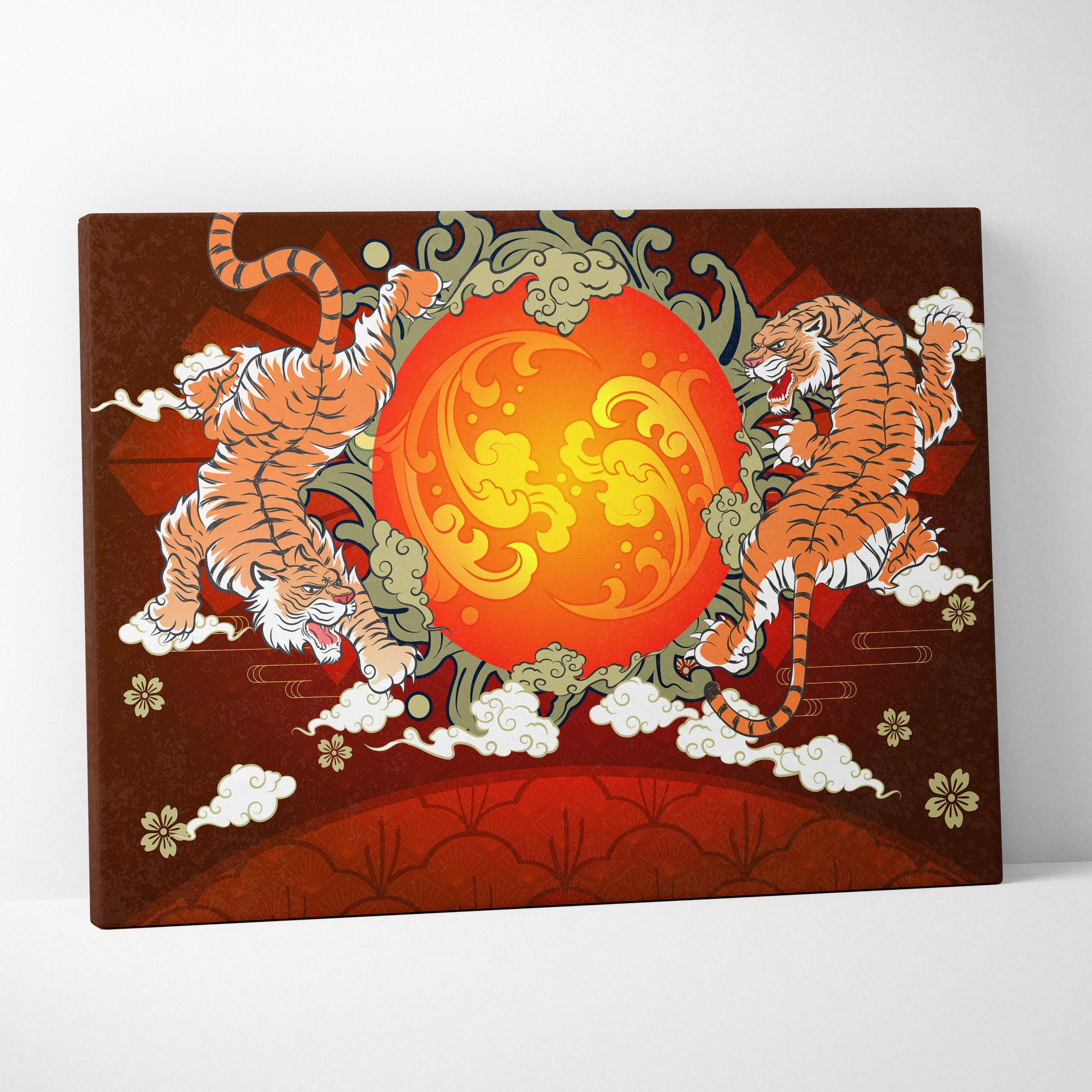 Vibrant twin tigers sun canvas wall art features orange brown japanese pattern with bold animal design and gold accents